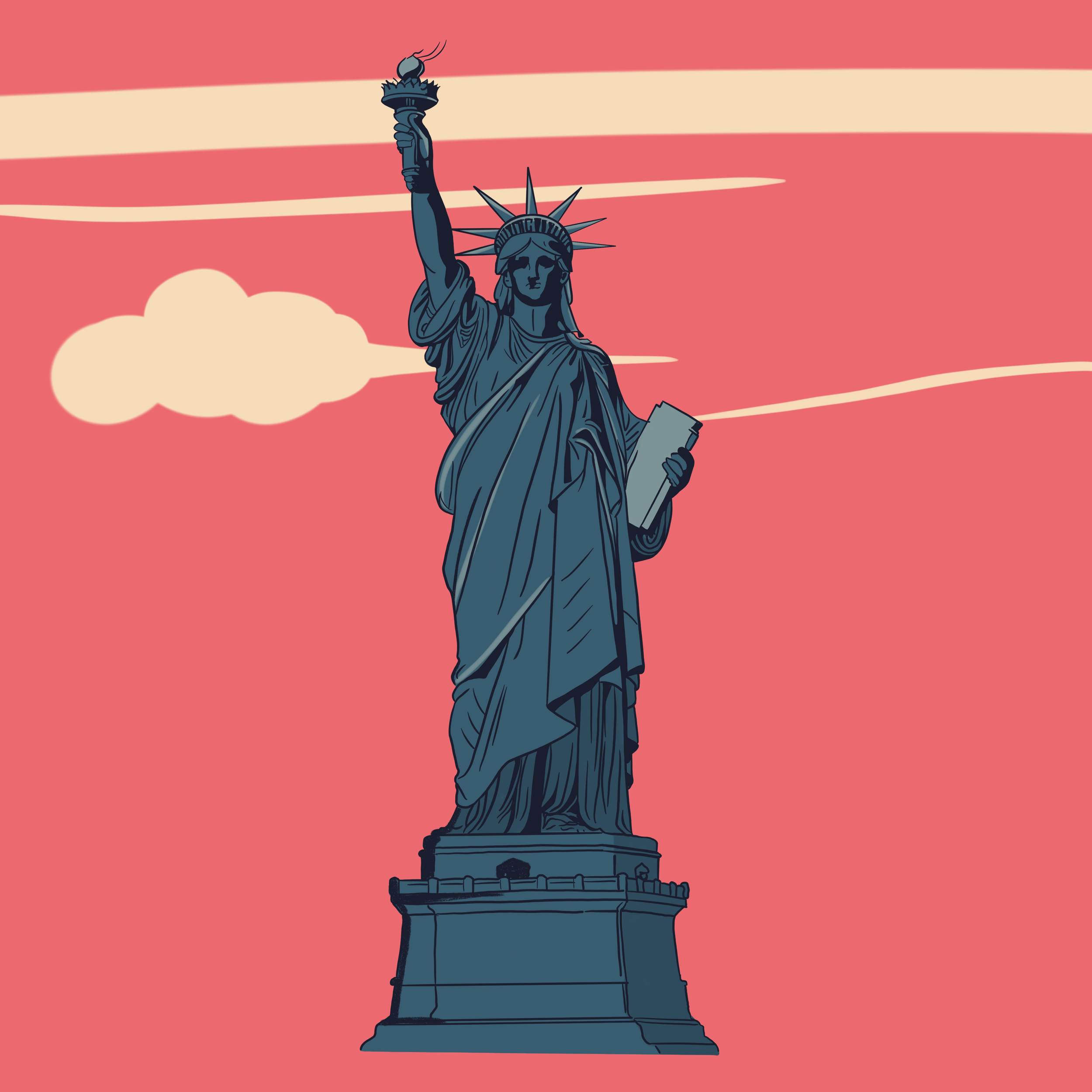 Statue of Liberty illustration in coral and navy, New York City landmark series