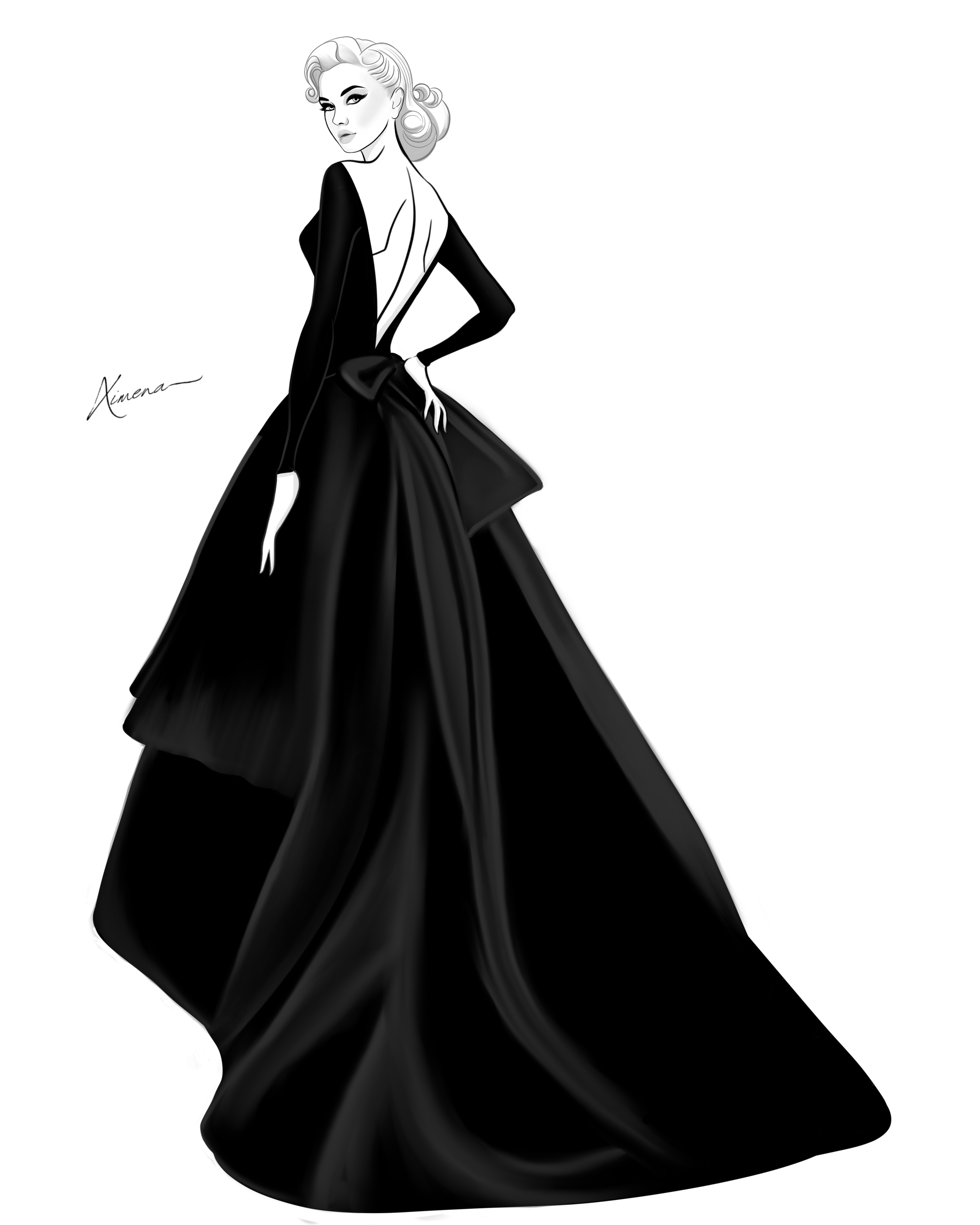 Inspired by Dior, Immortalized by Monroe
This illustration pays tribute to one of fashion’s most iconic silhouettes — the black Dior gown worn by Marilyn Monroe in her final photoshoot. With its dramatic volume, sculpted bow, and sweeping elegance, t