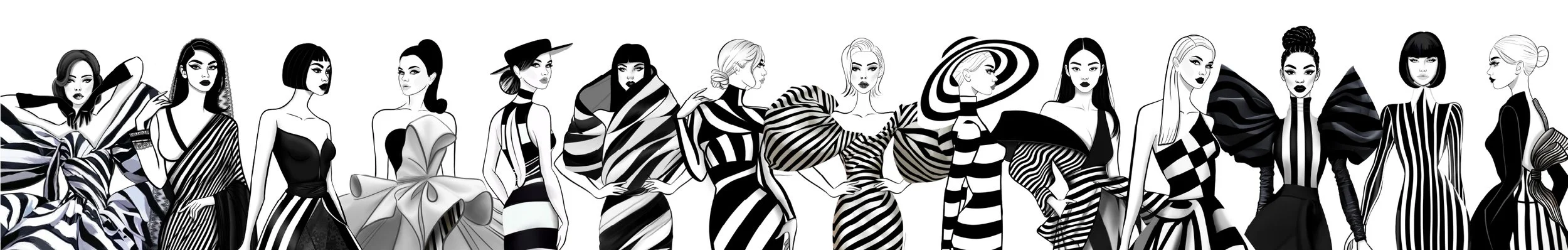 Fashion illustration lineup of 15 women in bold black-and-white couture gowns, featuring a mix of original designs and reinterpretations by Ximena. Editorial style, high-contrast artwork from the Midnight Stripes collection.