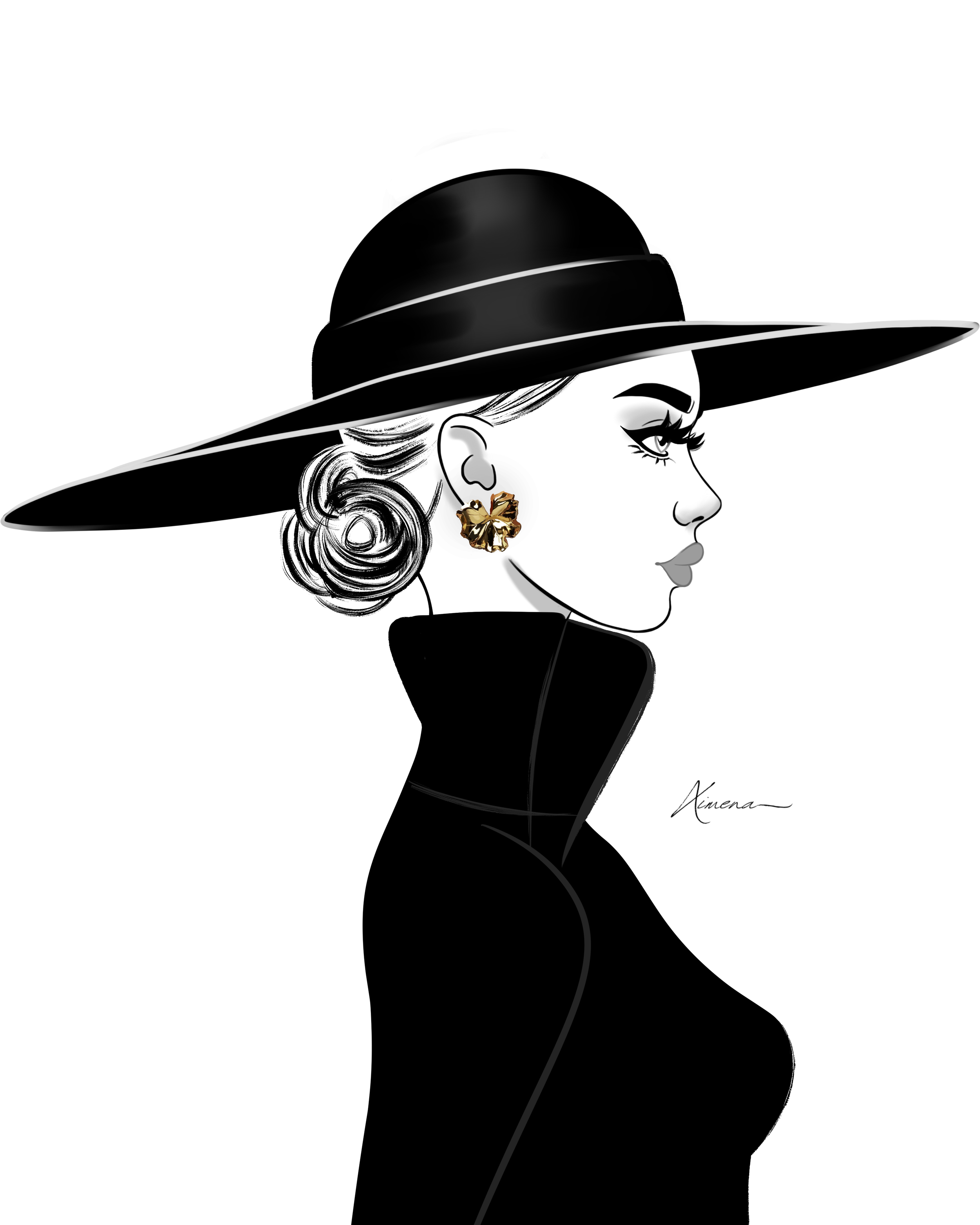 The Silhouette in Shadow
A portrait of quiet power and refined minimalism. This illustration explores contrast through clean lines, a dramatic wide-brim hat, and sculptural tailoring. The golden statement earring offers a glint of opulence against th