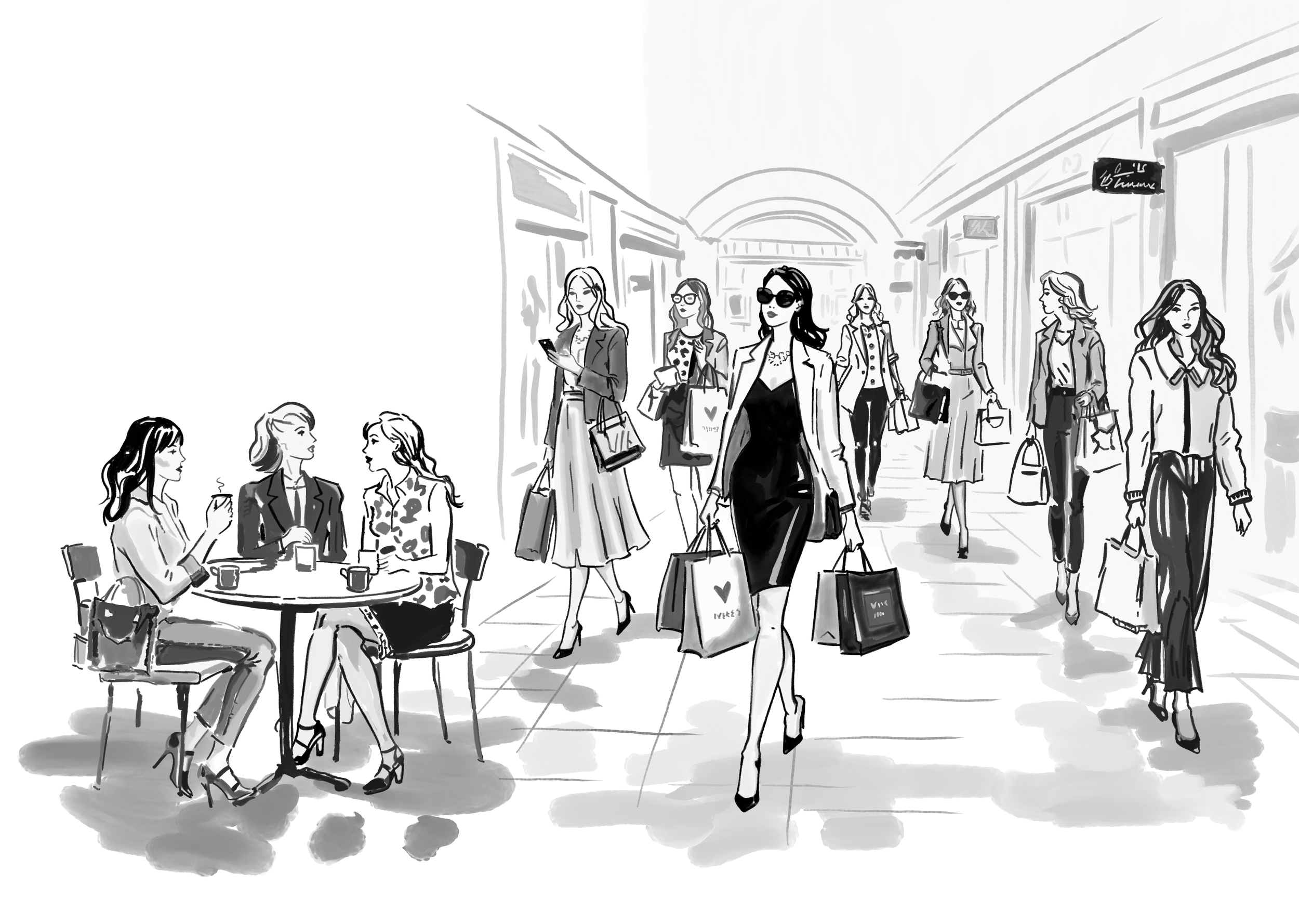 Black and white illustration of women shopping in a mall, some sitting at a café table and others walking with shopping bags.