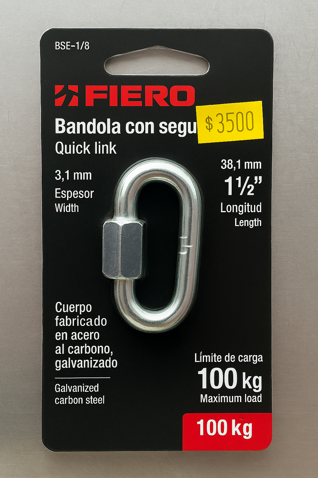🔗 Bandola con Seguro Fiero 1/8" – Carga Máxima 100 kg | Compacta y Resistente 🧰