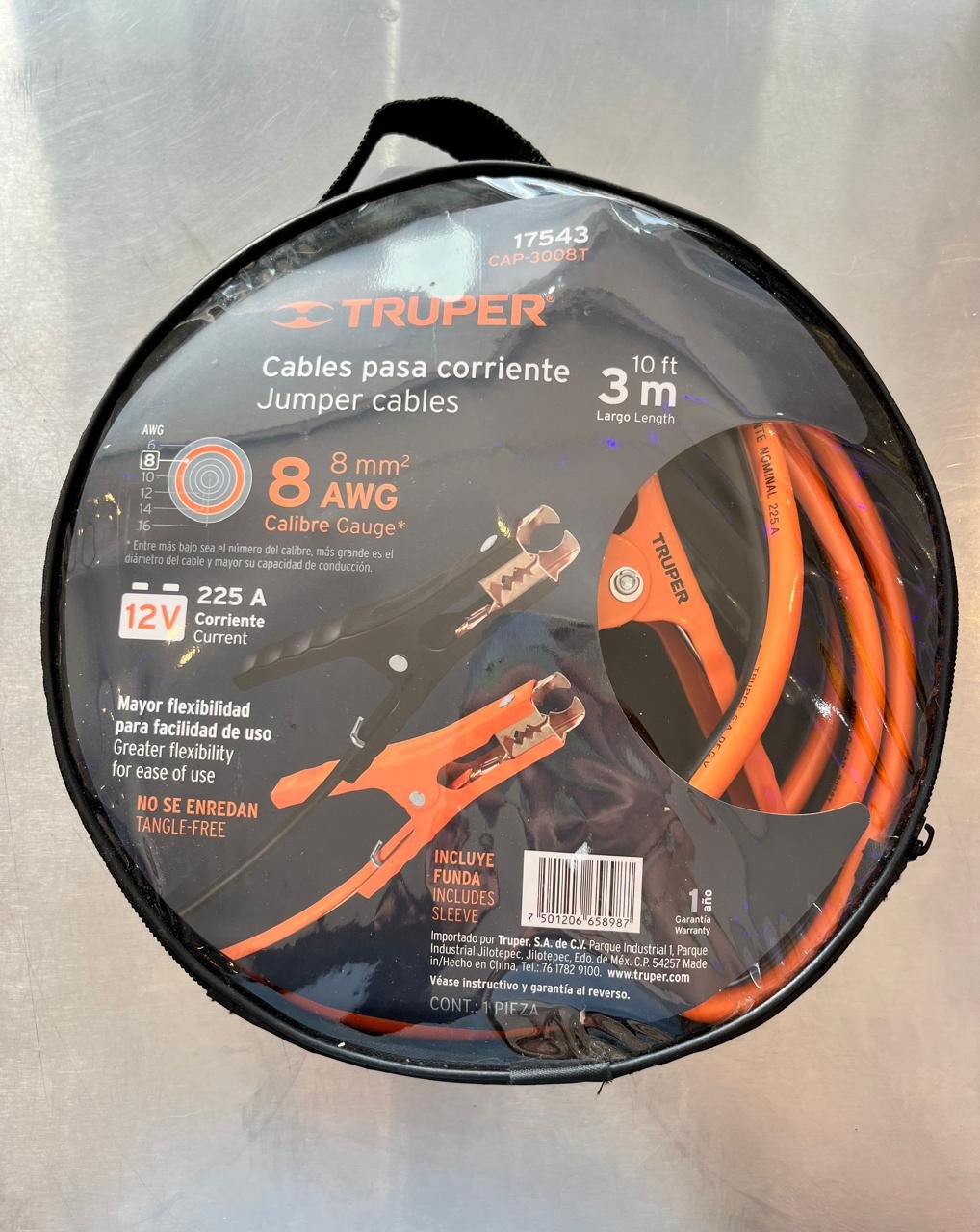 ⚡ Cables Pasa Corriente TRUPER 8 AWG | 3 Metros (10 ft) Modelo: 17543 CAP-3008T Calibre 8 AWG | 225 A | 12V