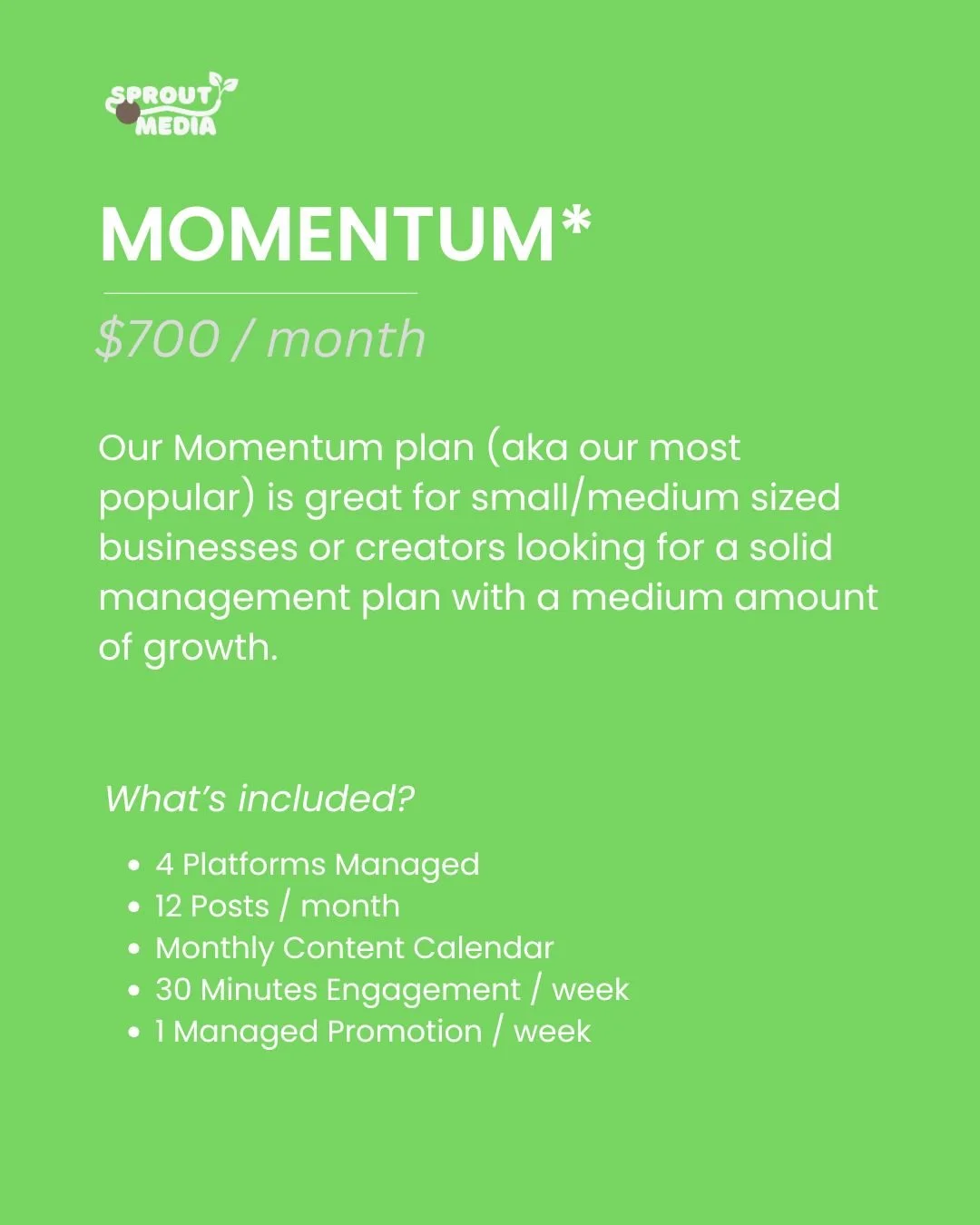 Sick of seeing a blank feed for your business account? Let's fix that 😉

Our Momentum package is a social media marketing and management package that is designed to help build your business page from the ground-up. Let's check it out 👇

- 4 Platfor