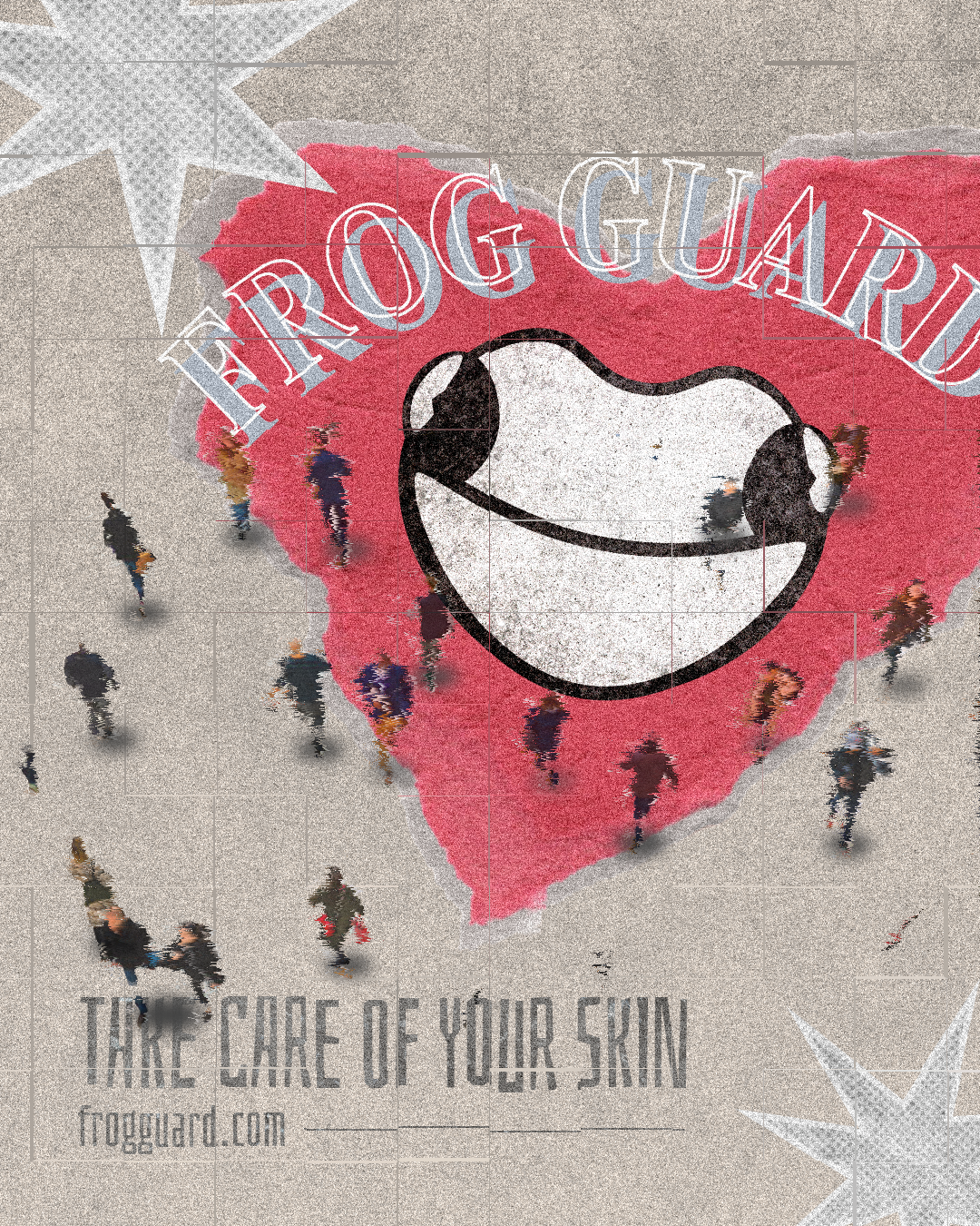 Frog Guard logo poster featuring a stylized frog face on a red background with the tagline ‘Take Care of Your Skin’ and website frogguard.com.