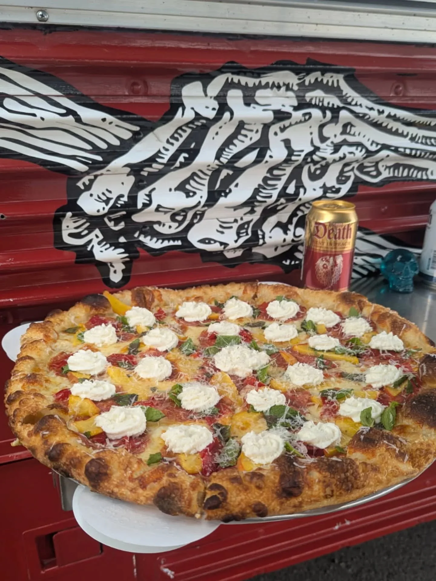 🦇🚨🍕New Special!!!🍕🚨🦇
.
The Peach of Darkness!!! (RIP Ozzy)
.
Mozzarella and provolone, soppressata, organic Palisade peaches, Mama Lil's sweet hot peppers, whipped ricotta, fresh mint, and pecorino romano.
The third slide shows a vegetarian ver