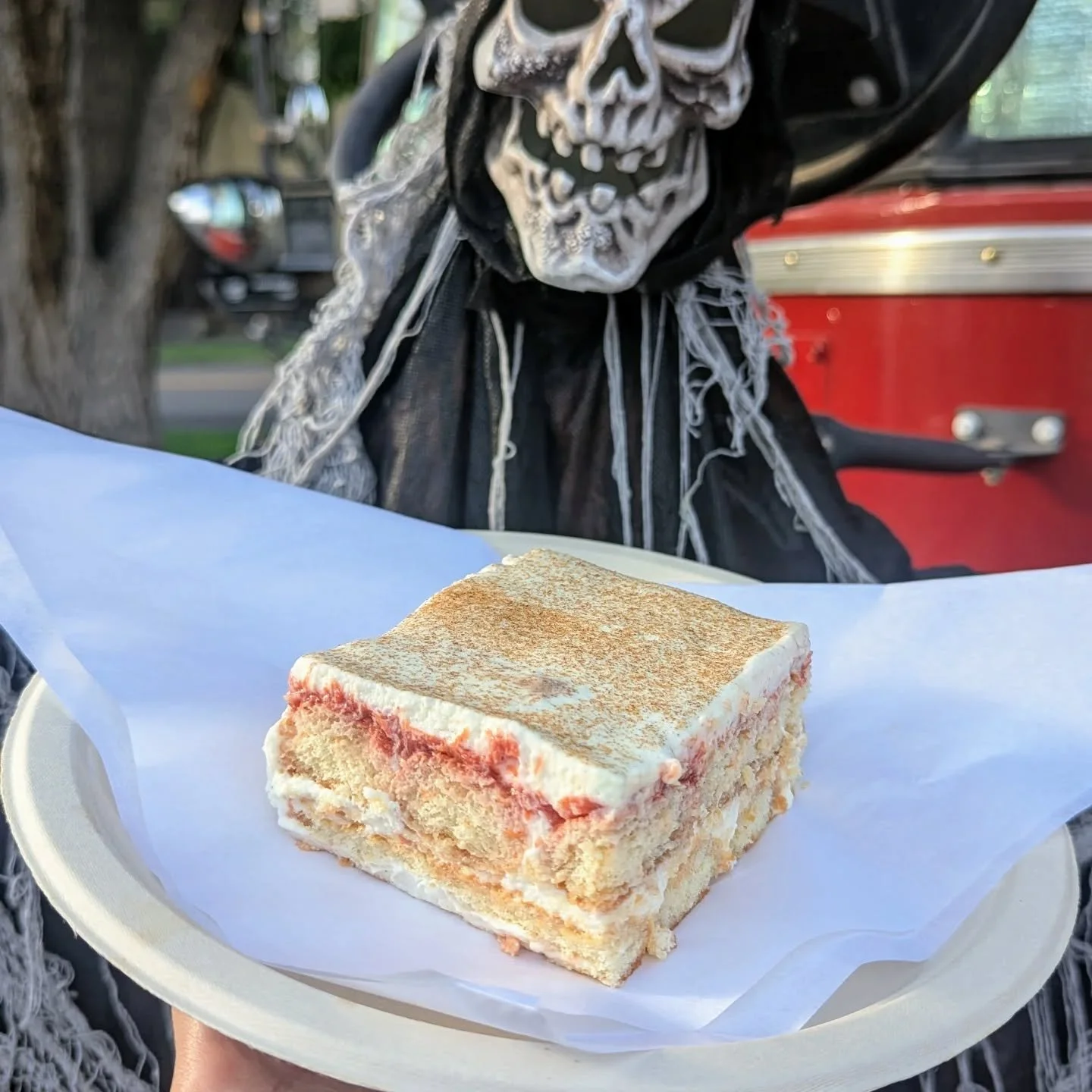 New special! It's not pizza, it's a dessert. It's not a pie, it's tiramisu. Introducing chamoy peach tiramisu! This is an idea I've had running through my head for a while, and it's a ripper for sure. Chamoy peach  compote made with those good palisa