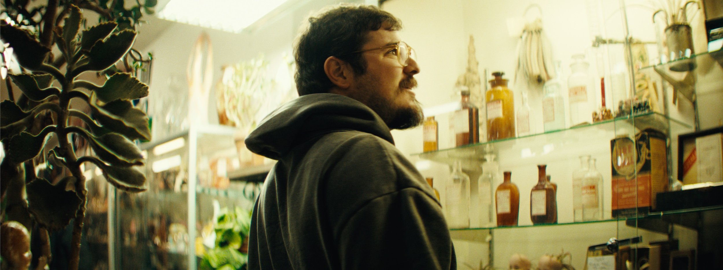 A man with glasses, beard, and dark hair, wearing a hoodie, stands in a vintage or herbal shop looking at shelves with bottles and jars.
