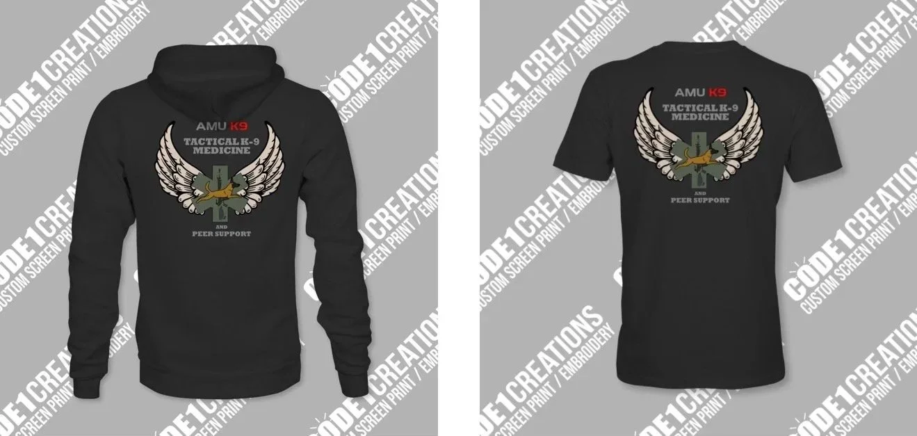 AMU K9 Tactical K9 Medicine:  This shirt was designed by AMU K9 Team Member Ron Hill. 

"The star of life represents the medical side of what we do, the rifle represents that most of our K9s are Law Enforcement.  The angel's wings are for us, and our