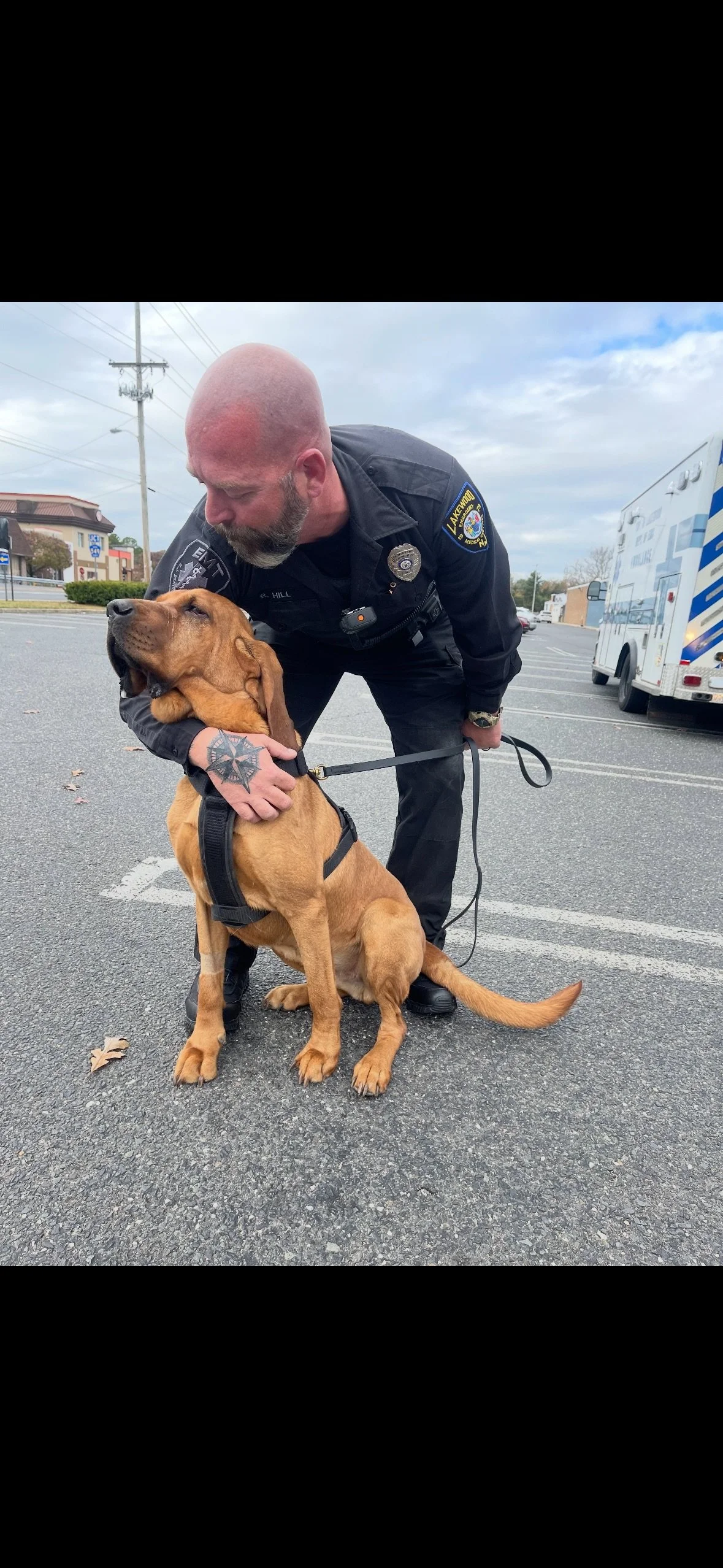 A police officer is kneeling and hugging a brown service dog in a parking lot on a cloudy day.