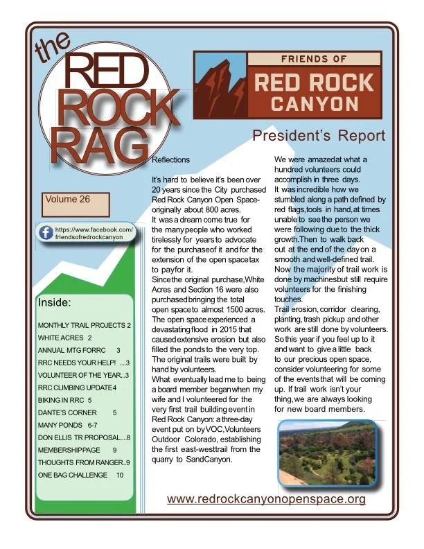 Explore the Red Rock Rag, the official newsletter of Friends of Red Rock Canyon, featuring park news, trail updates, conservation projects, local history, wildlife, events, and community stories from Red Rock Canyon Open Space.