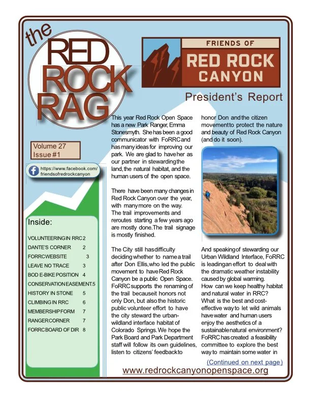 Explore the Red Rock Rag, the official newsletter of Friends of Red Rock Canyon, featuring park news, trail updates, conservation projects, local history, wildlife, events, and community stories from Red Rock Canyon Open Space.
