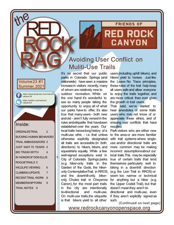 Explore the Red Rock Rag, the official newsletter of Friends of Red Rock Canyon, featuring park news, trail updates, conservation projects, local history, wildlife, events, and community stories from Red Rock Canyon Open Space.