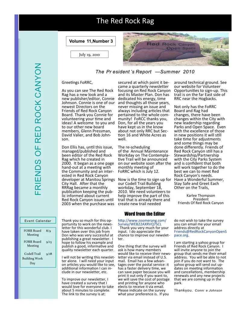 Explore the Red Rock Rag, the official newsletter of Friends of Red Rock Canyon, featuring park news, trail updates, conservation projects, local history, wildlife, events, and community stories from Red Rock Canyon Open Space.