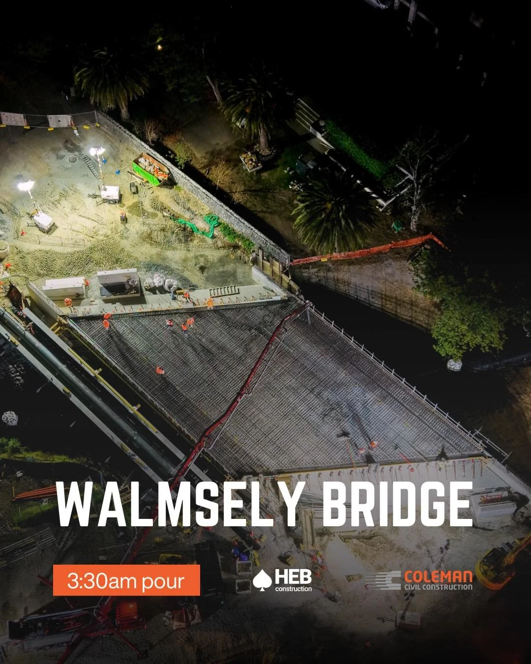 3:30am starts aren&rsquo;t for everyone, but that&rsquo;s what it takes to keep projects moving.

The Coleman Civil team was on site bright and early for a concrete pour at Walmsley Bridge, working alongside HEB Construction and Healthy Waters to del