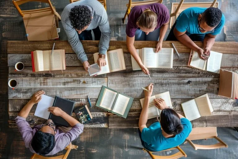 Top-down view of six people studying at a wooden table with open books, notebooks, a smartphone, and coffee cups.