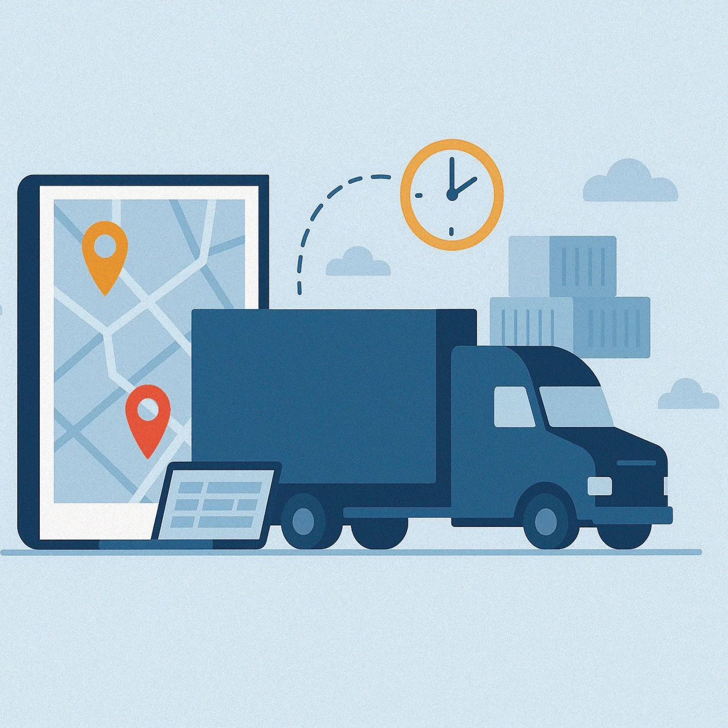 Delivery truck, smartphone with a map and location pins, a clipboard, and a clock, symbolizing logistics and navigation.