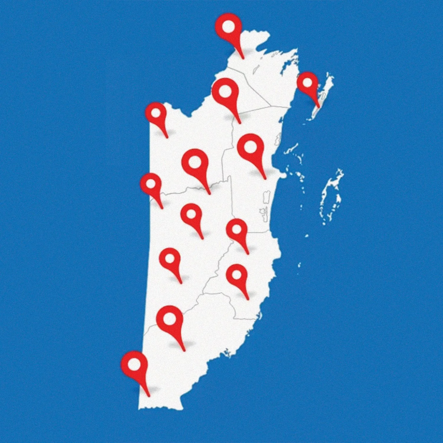 Map of Delaware with multiple red location markers indicating various places across the state.