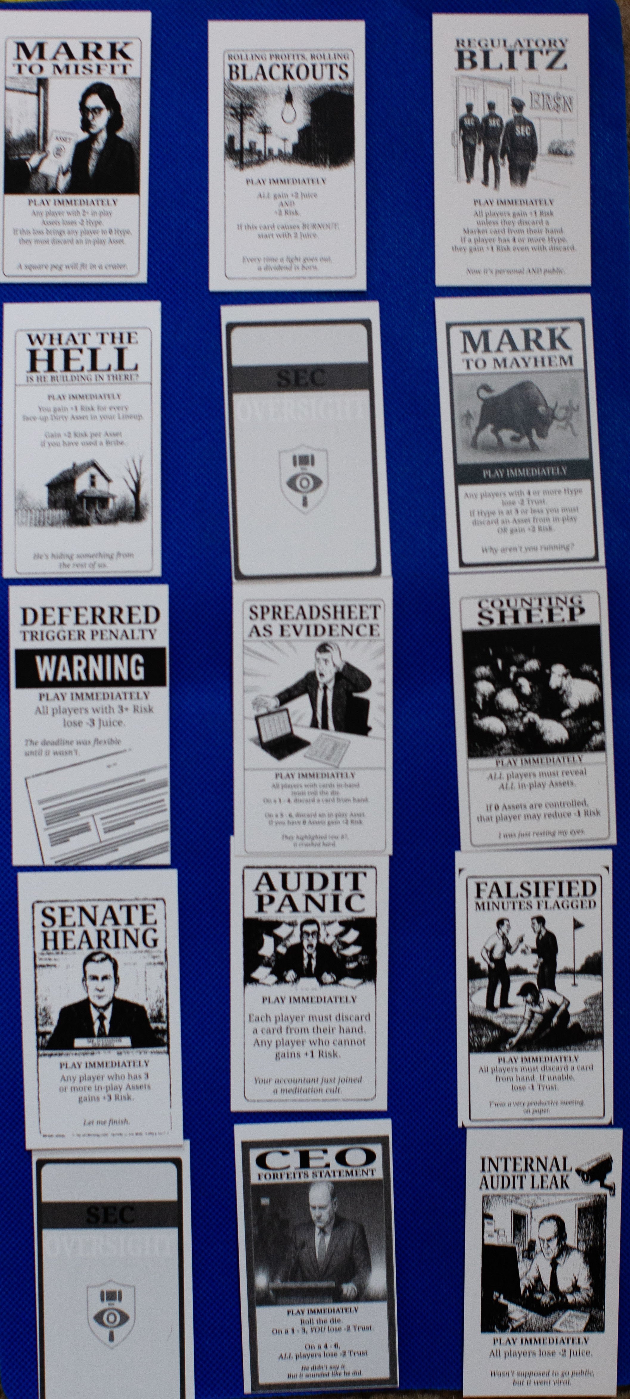 A collection of novelty cards with themed messages for a game, featuring black-and-white illustrations and humorous warnings.