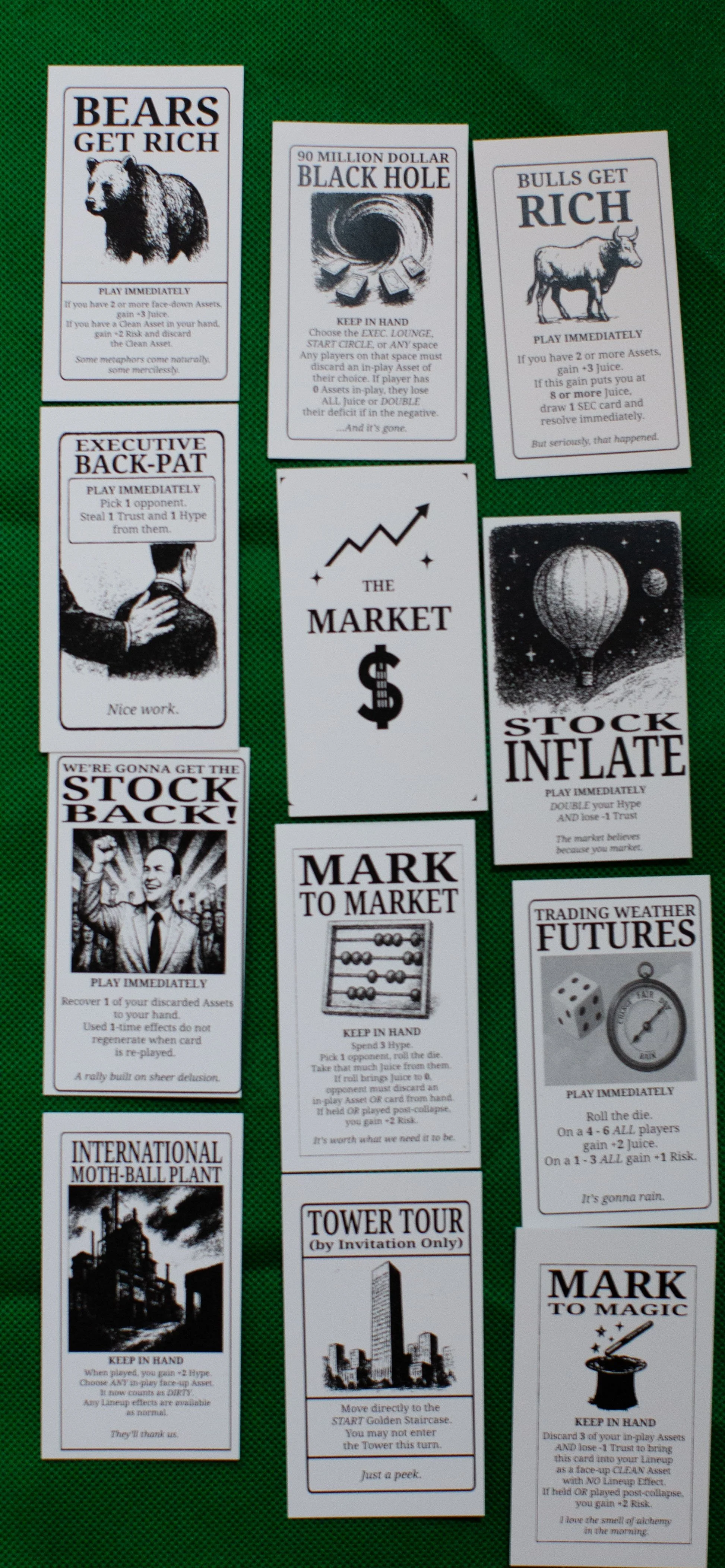 Collection of trading cards related to stocks, markets, and finance with black-and-white illustrations and text.