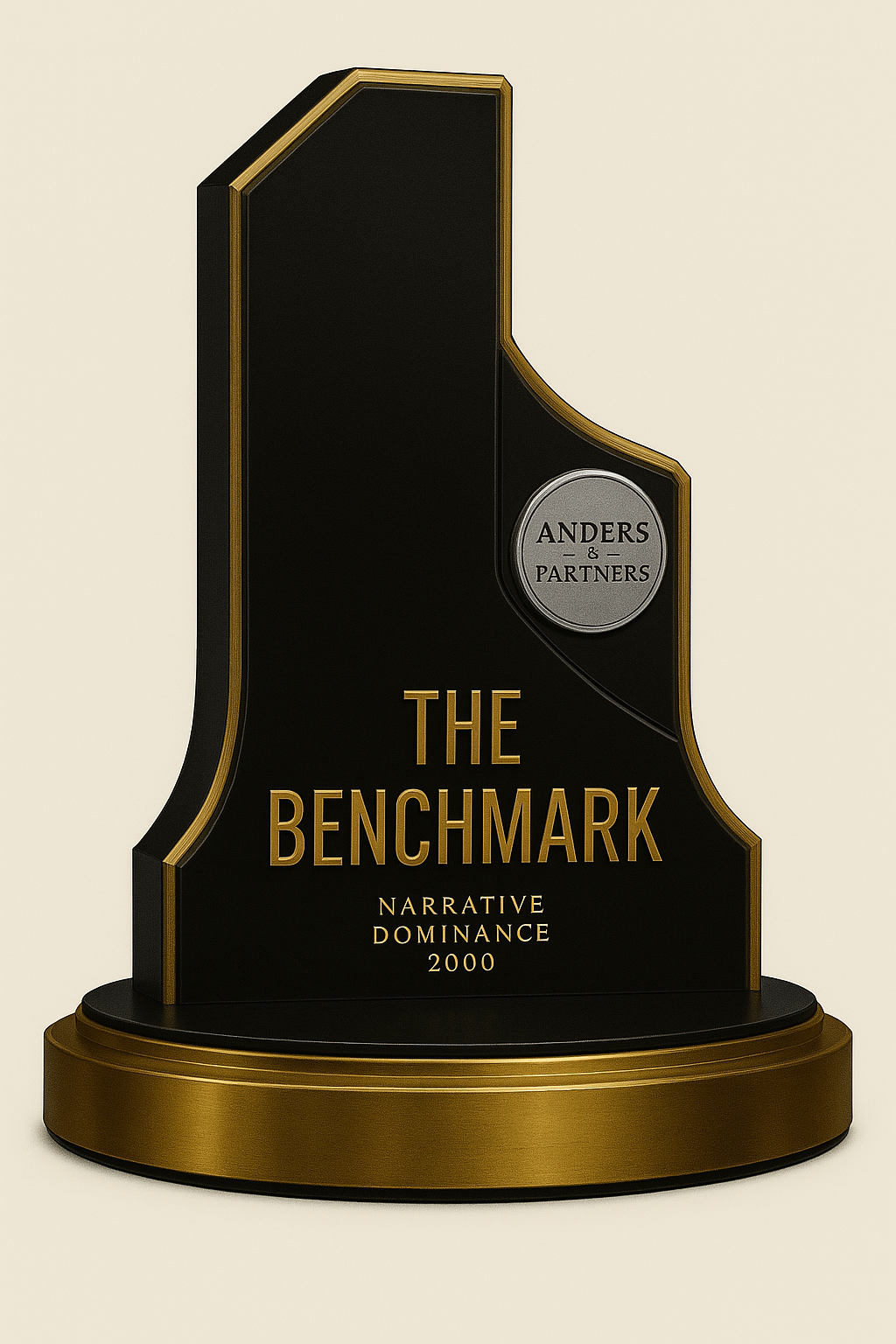 A black and gold award trophy with a circular silver medal reading 'Anders & Partners' and gold text saying 'The Benchmark, Narrative Domination 2000'.