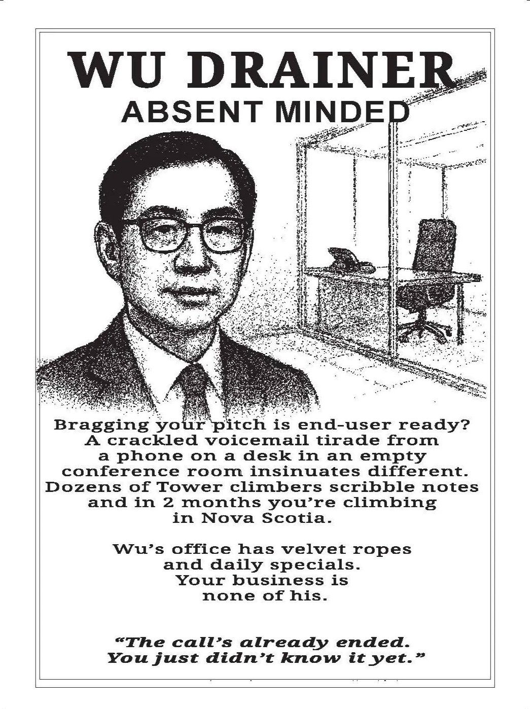 Black and white illustrated poster with a portrait of a man wearing glasses and a suit, an empty office with glass walls and an empty chair, and text about an office in Nova Scotia.