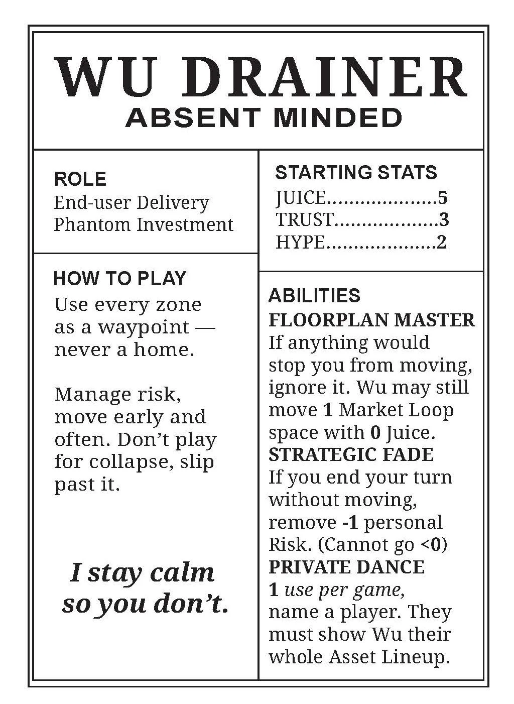 A humorous guide titled 'WU DRAINER ABSENT MINDED' with instructions, stats, and abilities for a game character, styled like a meme or parody with several sections on how to play, roles, starting stats, and special abilities.