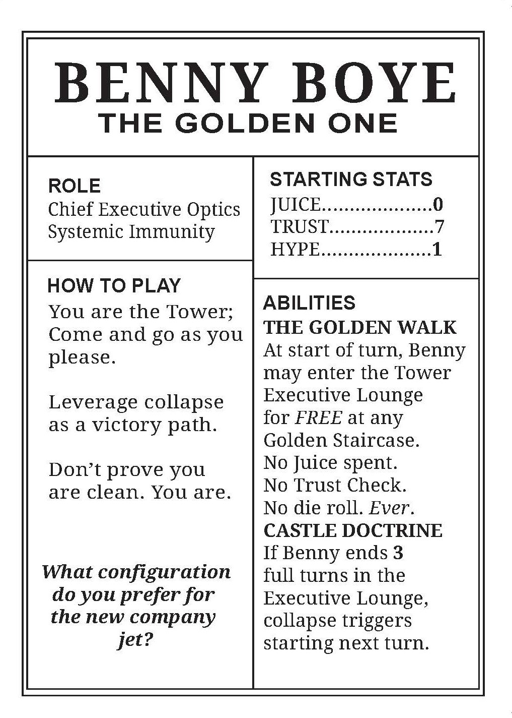 Character sheet for Benny Boye as The Golden One, with stats, abilities, and instructions for gameplay.