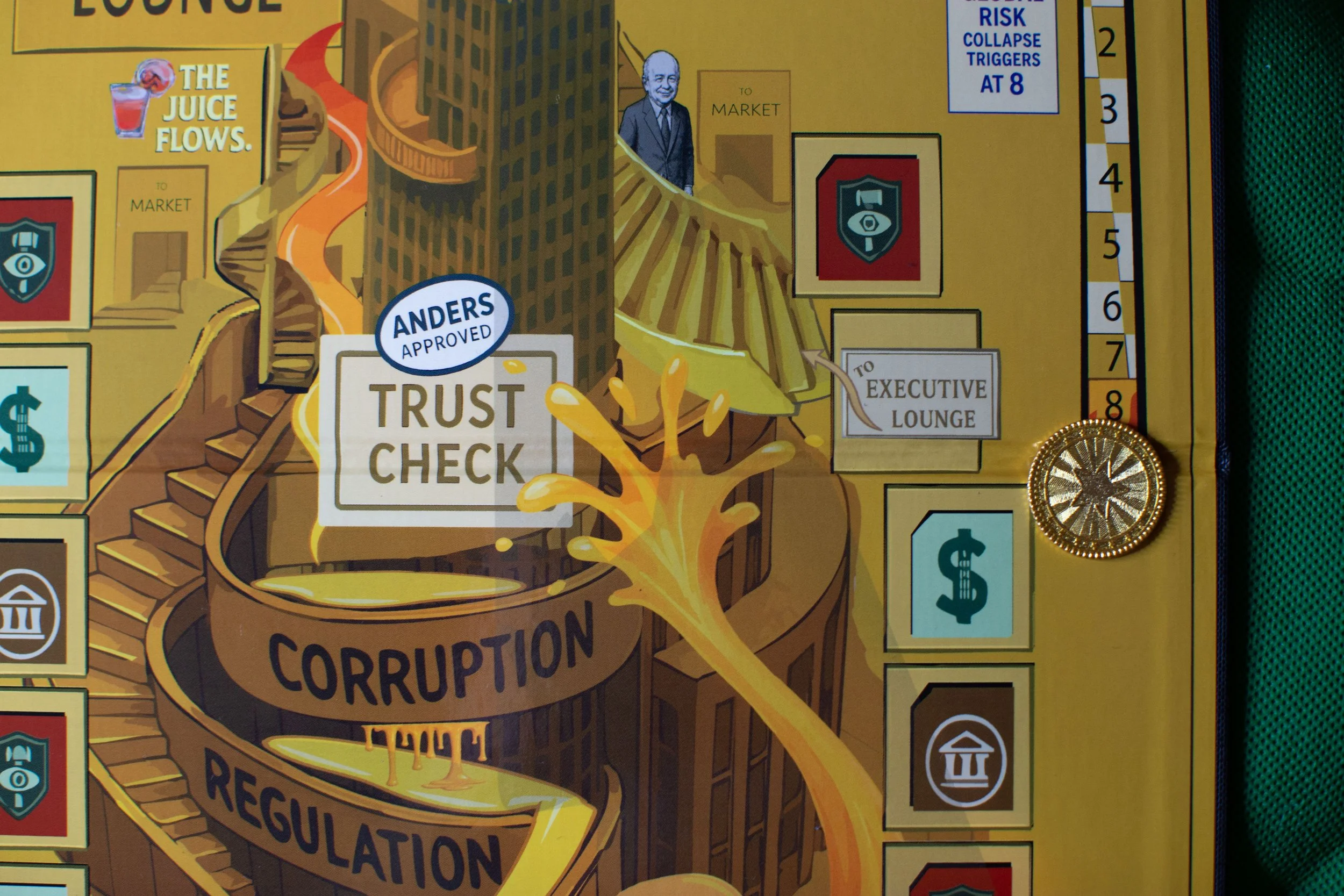 A section of a Monopoly game board with illustrations of a high-rise building, stairs, and a large orange handshake. Various text boxes read 'Trust Check,' 'Corruption,' and 'Regulation.' There is a yellow and red color scheme with icons representing finance and governance. A gold coin and a hand with splashes of yellow liquid are also visible.