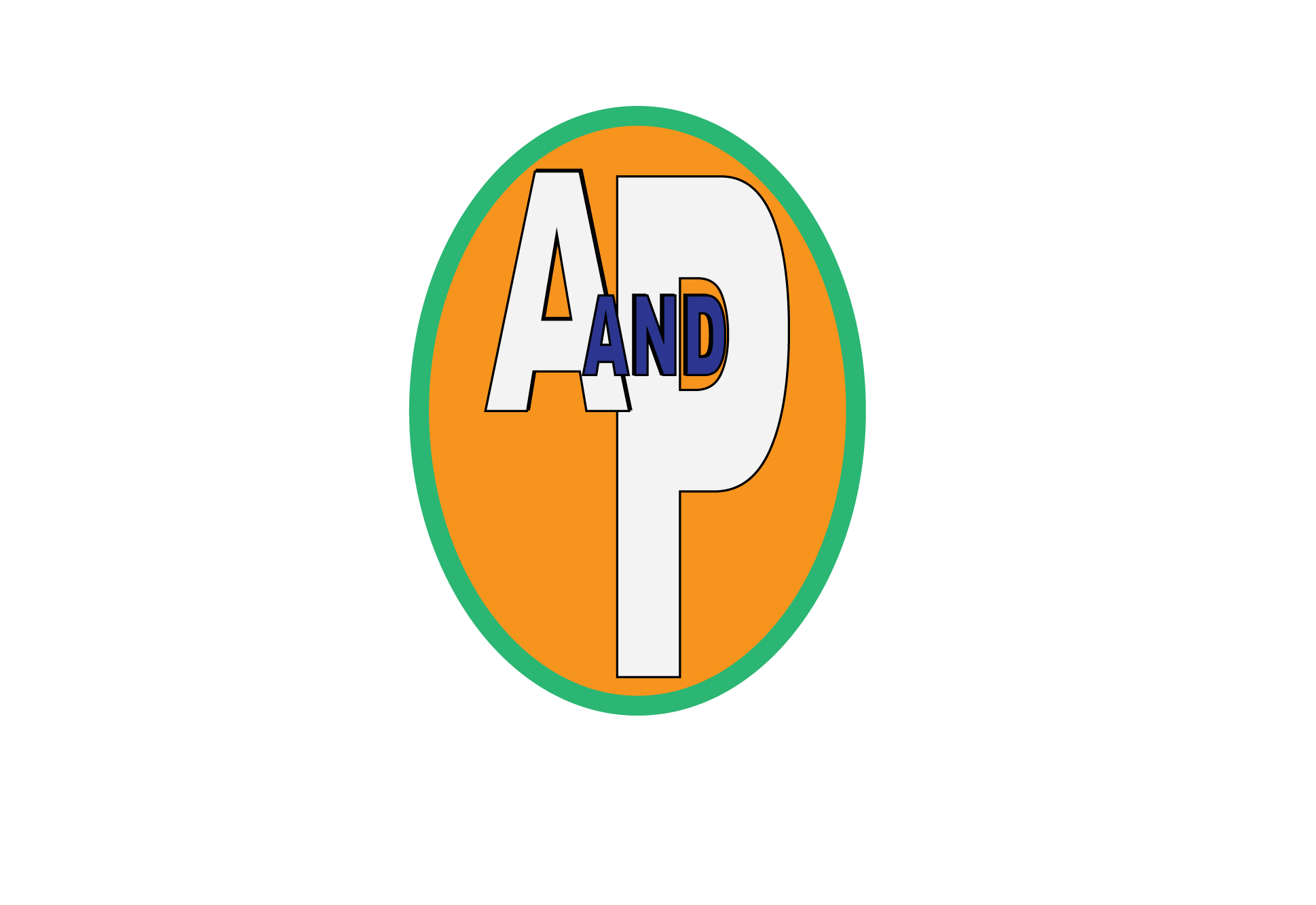 Logo with a split design featuring the letters 'A' and 'P' inside a green-outlined oval. The left half is orange with a large white 'A,' and the right half is white with a large white 'P.' The letters 'AND' appear across the middle in blue.