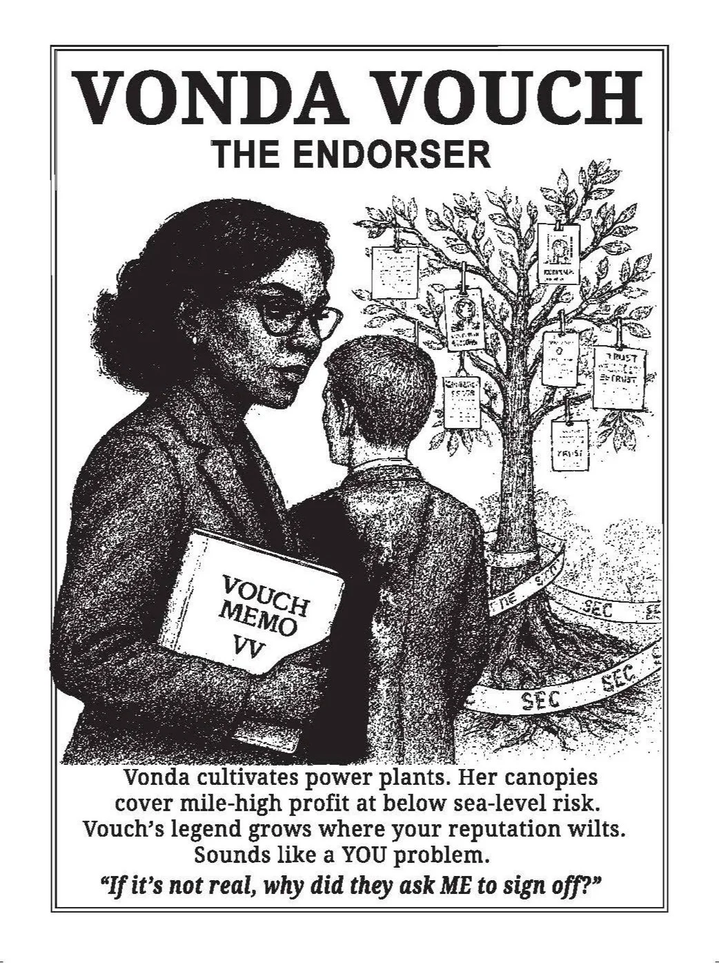 A black and white illustration of a woman holding a voucher memo in her right hand, standing in front of a tree with tags hanging from its branches. There is a man with his back turned, wearing a suit. The text below the image discusses Vonda cultivating power plants with canopy funds, and refers to reputation and a problem.
