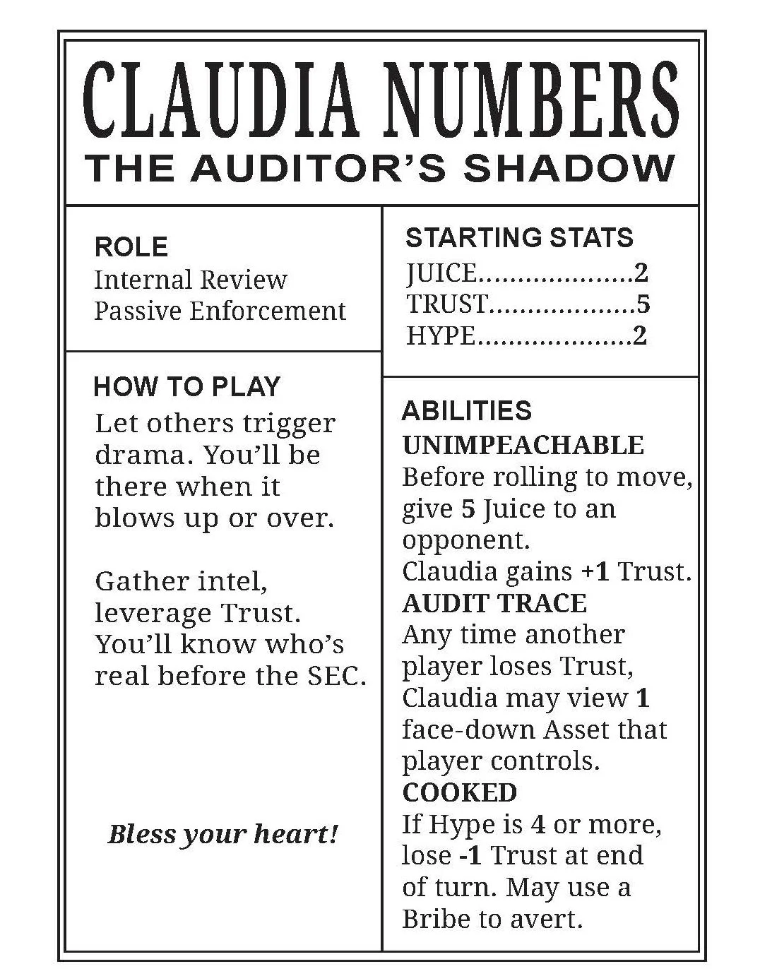 Game instructions card for Claudia Numbers, the Auditor's Shadow role, including role description, how to play, starting stats, abilities, and rules.