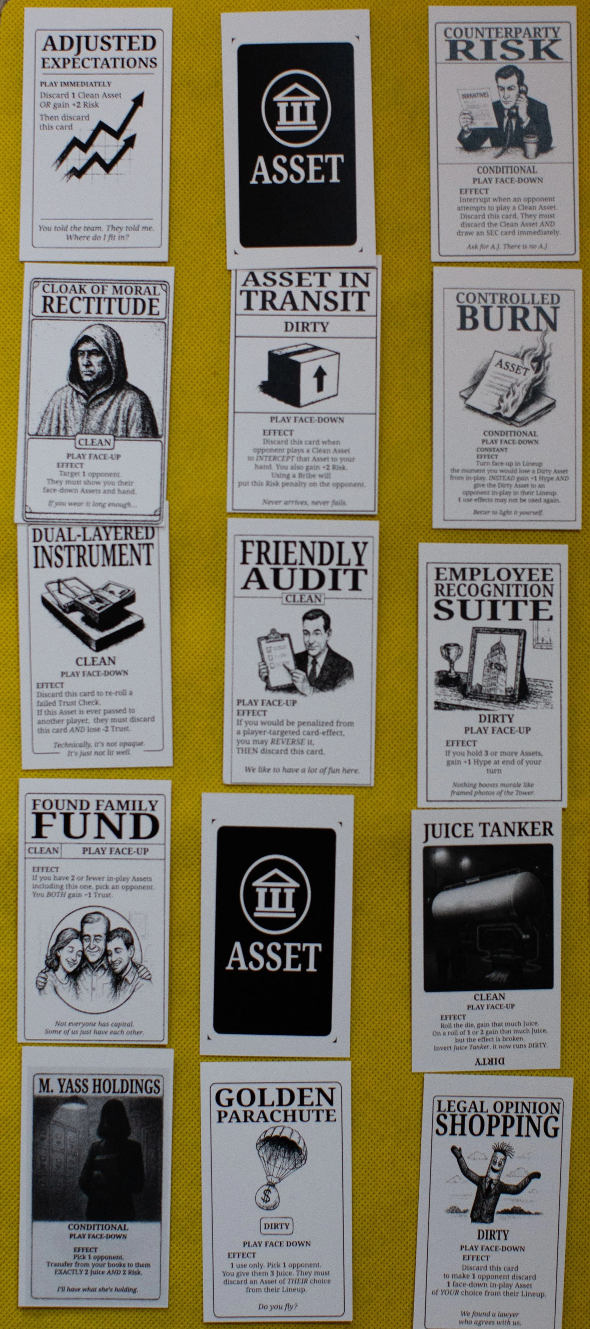 Collection of trading cards taped to a yellow background, each depicting various financial or legal themes with headlines, illustrations, and instructions for gameplay.