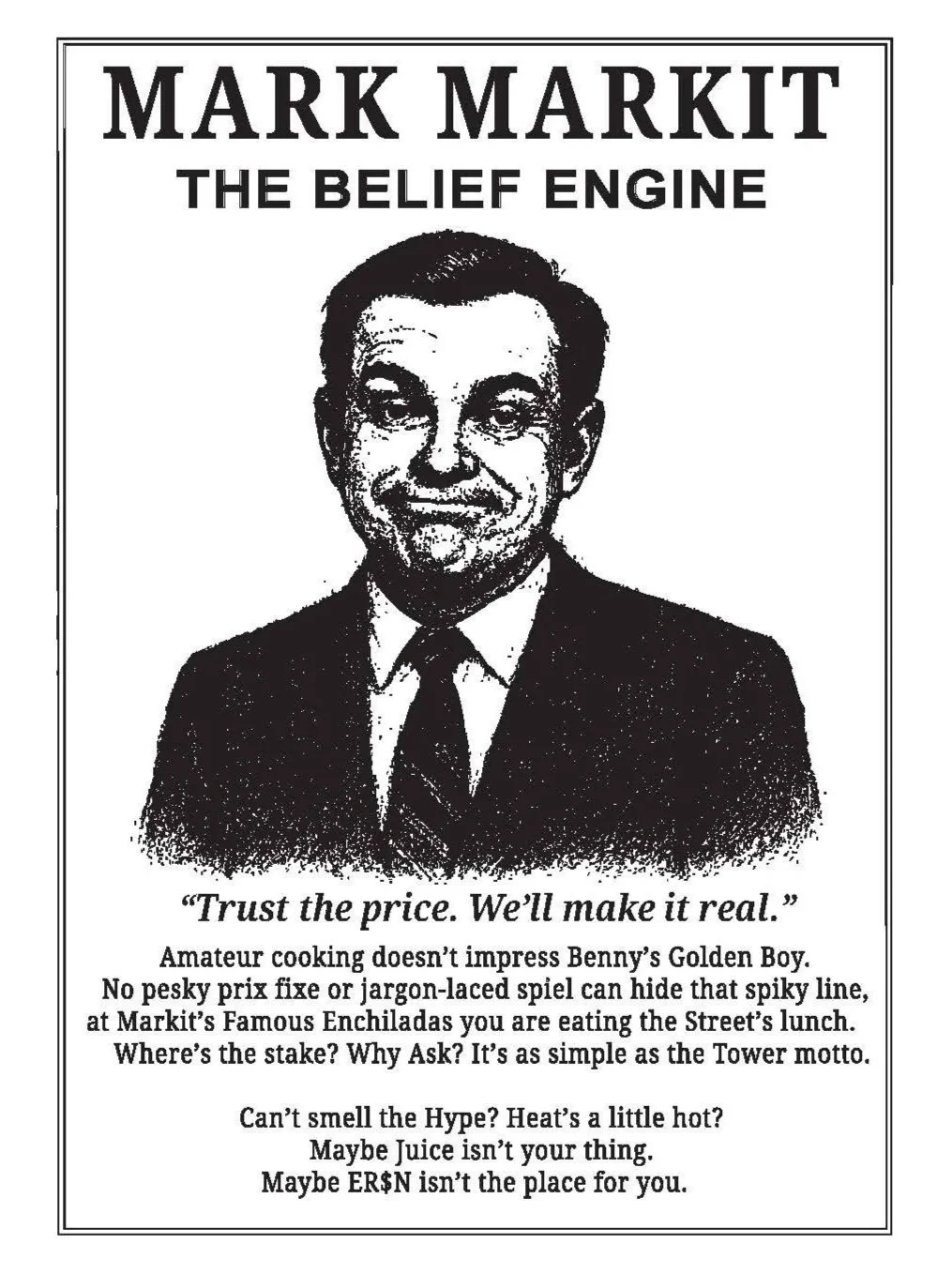 A parody book cover featuring a black and white sketch of Mark Markit, with bold text titles and humorous notes about food and prices.