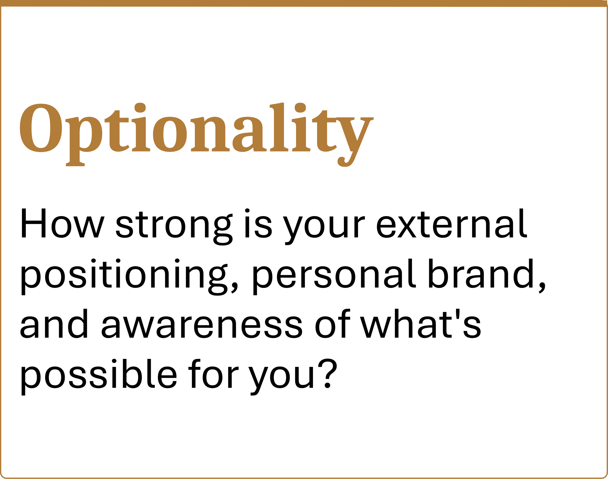 Optionality How strong is your external positioning, personal brand, and awareness of what's possible for you?