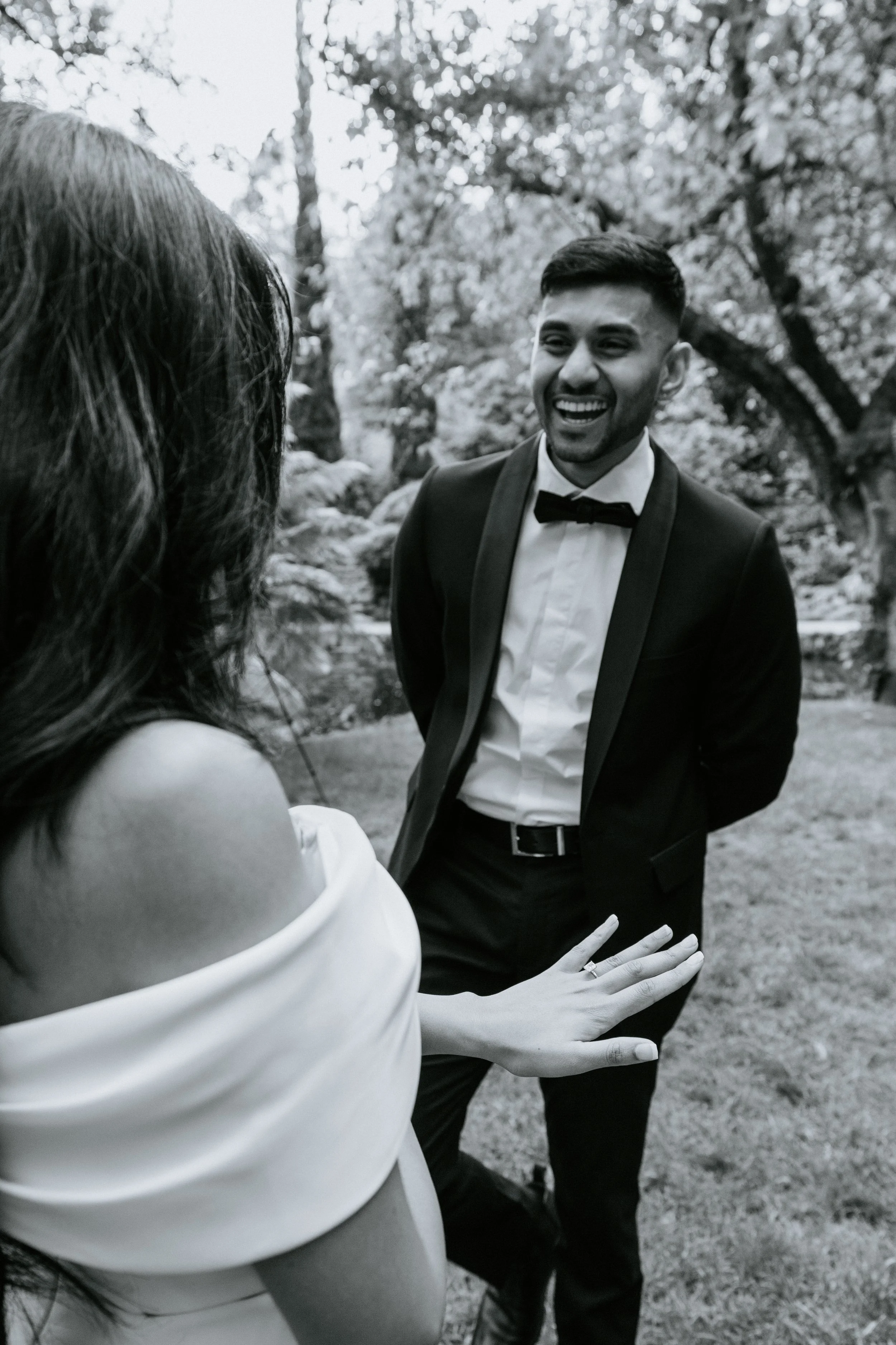 Candid black and white wedding portrait photographed by Laura Megan Photography in Dandenong Rangers Victoria Melbourne