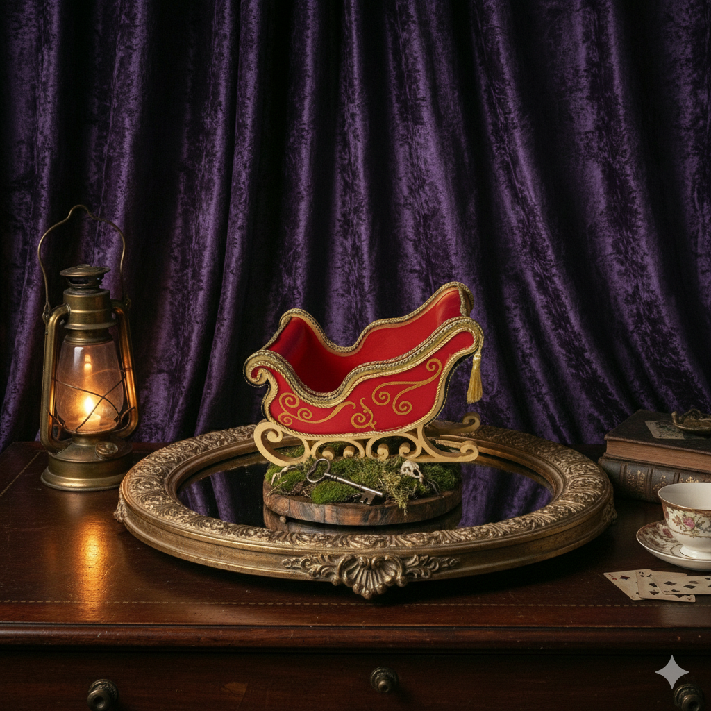 Decorative red sleigh on an ornate framed mirror table with a purple velvet curtain background, a lantern with a candle on the left, and a teacup set with playing cards on the right.