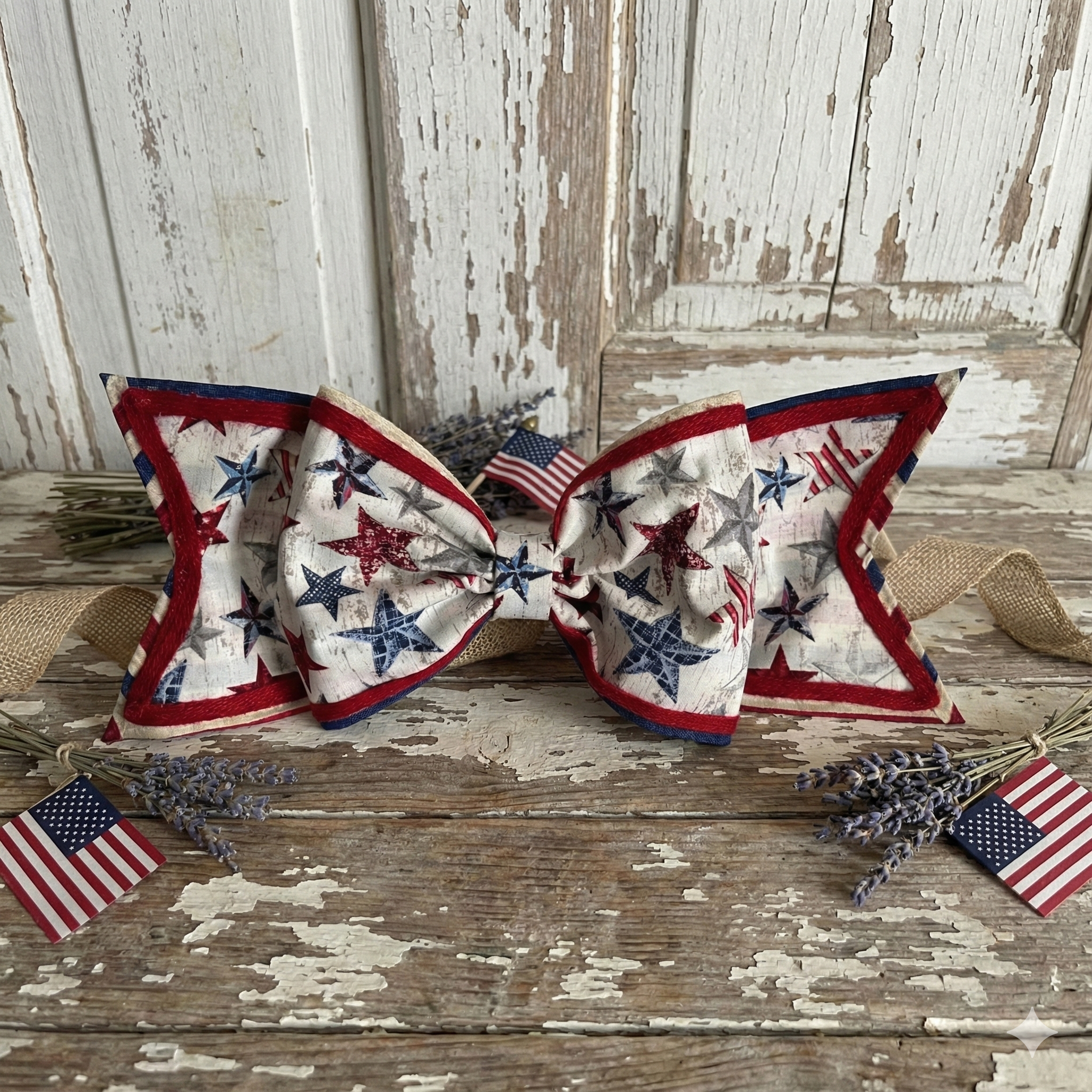 Patriotic bows with stars and stripes, American flags, and lavender on weathered wooden surface.