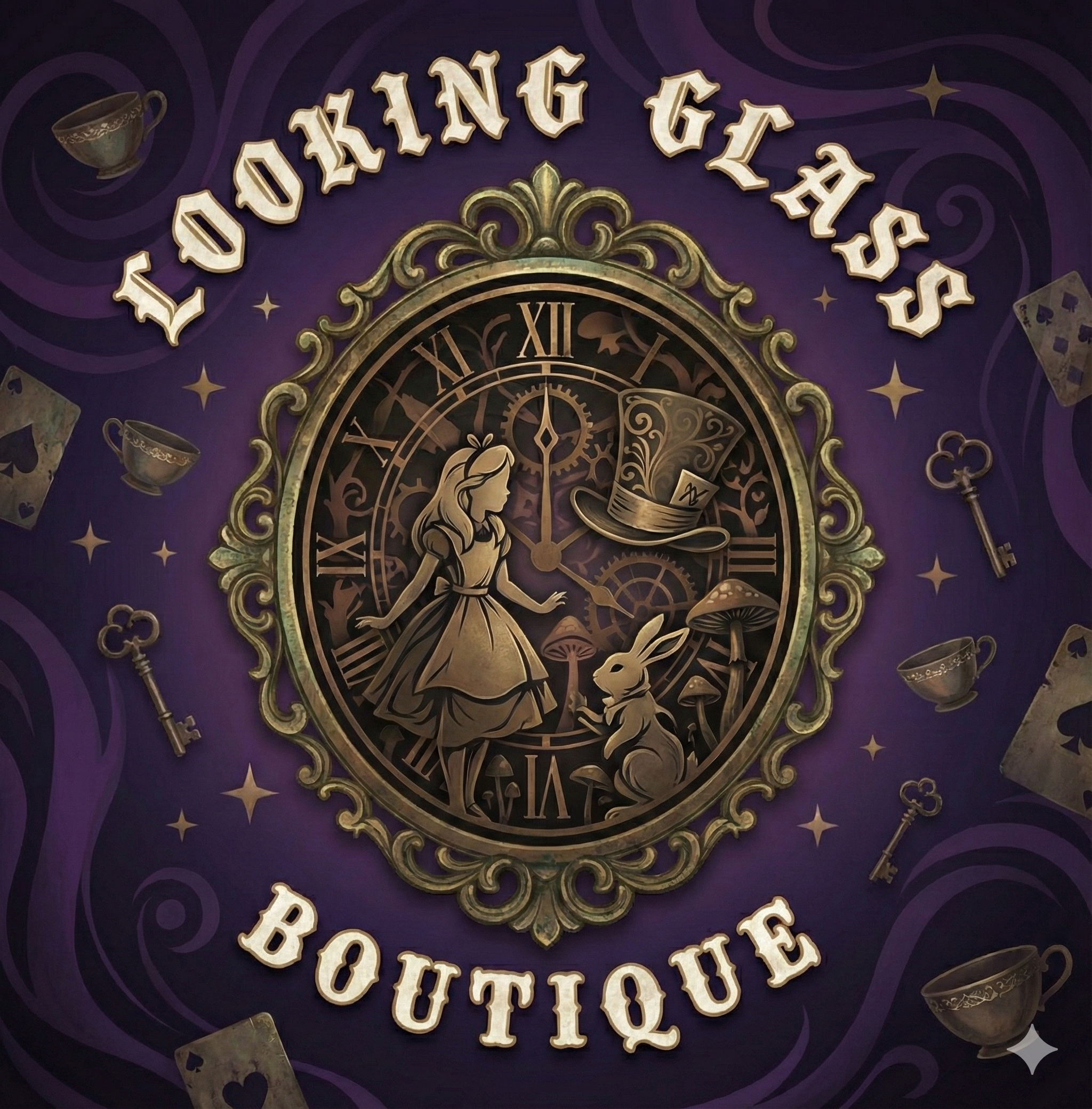 A decorative sign with the words "Looking Glass Boutique" above a vintage-style clock face featuring Alice, the White Rabbit, a top hat, and mushrooms, surrounded by playing cards, keys, teacups, and stars on a purple background.