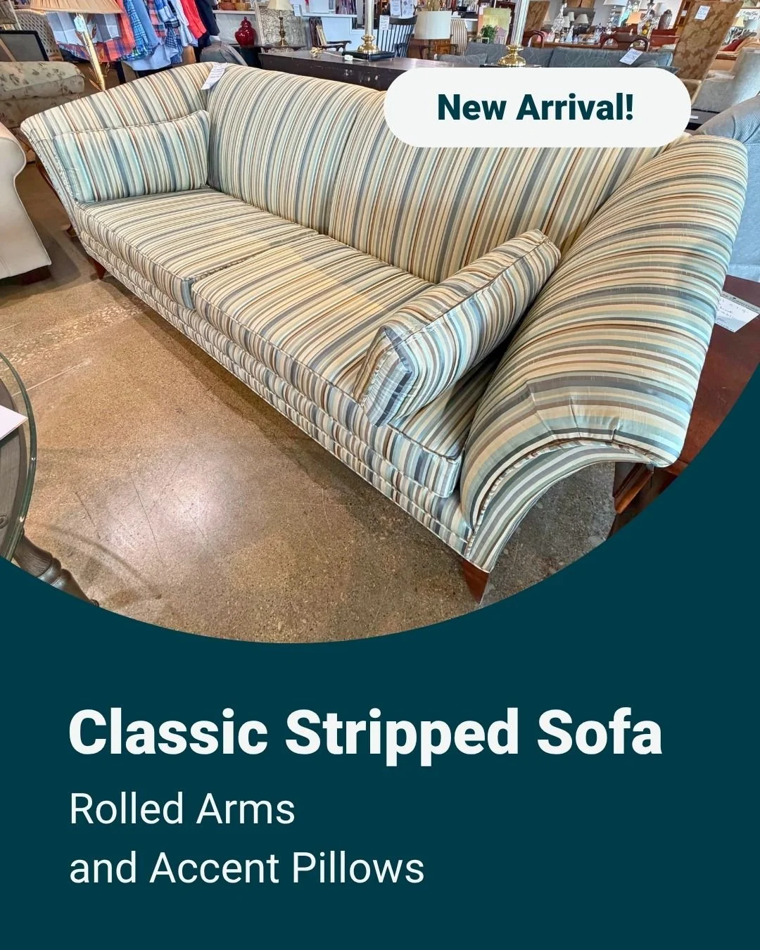Classic comfort meets timeless style.
This striped sofa features rolled arms, plush cushions, and a neutral palette that fits beautifully in any space. Stop in to see it for yourself!

Hours &amp; Location
Wednesday&ndash;Friday: 10:00am&ndash;8:00pm
