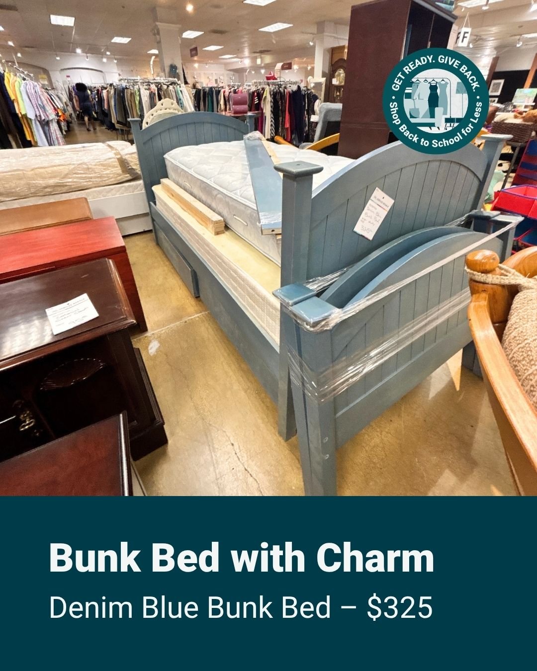 Hey, back-to-school season is the perfect excuse for a room refresh! 💙

This charming denim-blue wood bunk bed frame brings color, character, and space-saving style to your kid&rsquo;s room&mdash;whether you&rsquo;re getting ready for the school yea
