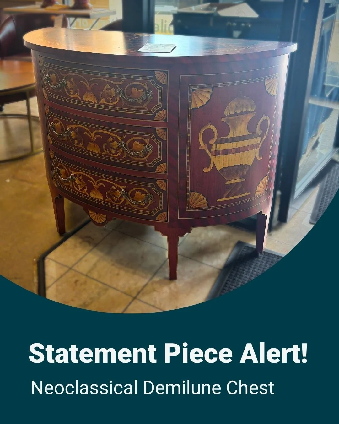 This elegant demilune chest is a true statement piece with beautiful decorative inlay. It is one of the many reasons to visit Jubilee Resale often. You never know what hidden gem you will find!