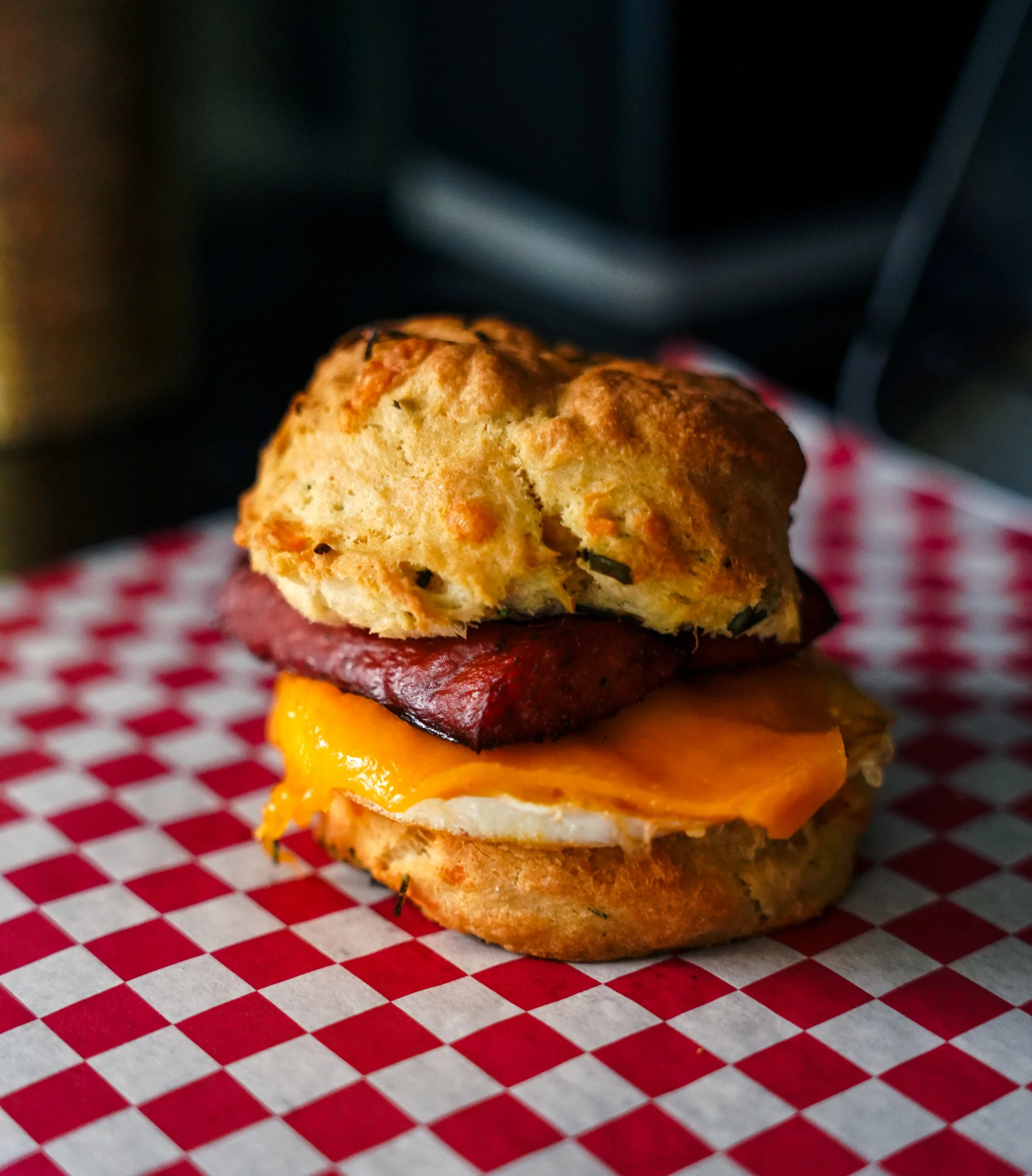 Andouille, Egg & Cheese Biscuit Sandwich