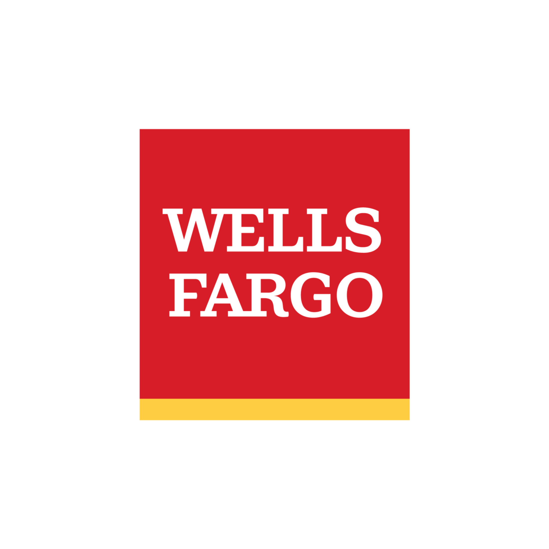 Wells Fargo logo with red background and white text, featuring a yellow stripe at the bottom.