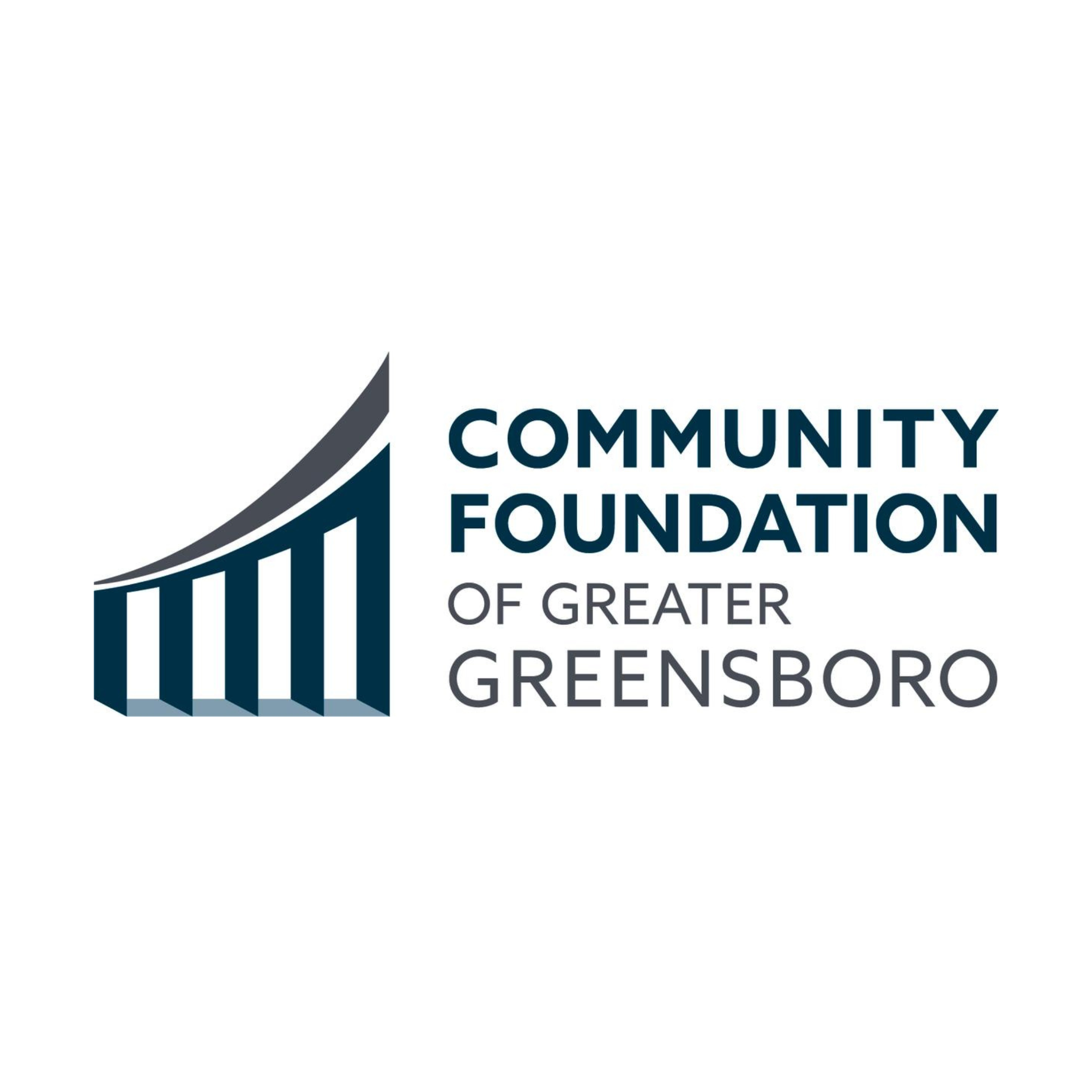 Logo of the Community Foundation of Greater Greensboro featuring a stylized building with ascending bars and a curved line.