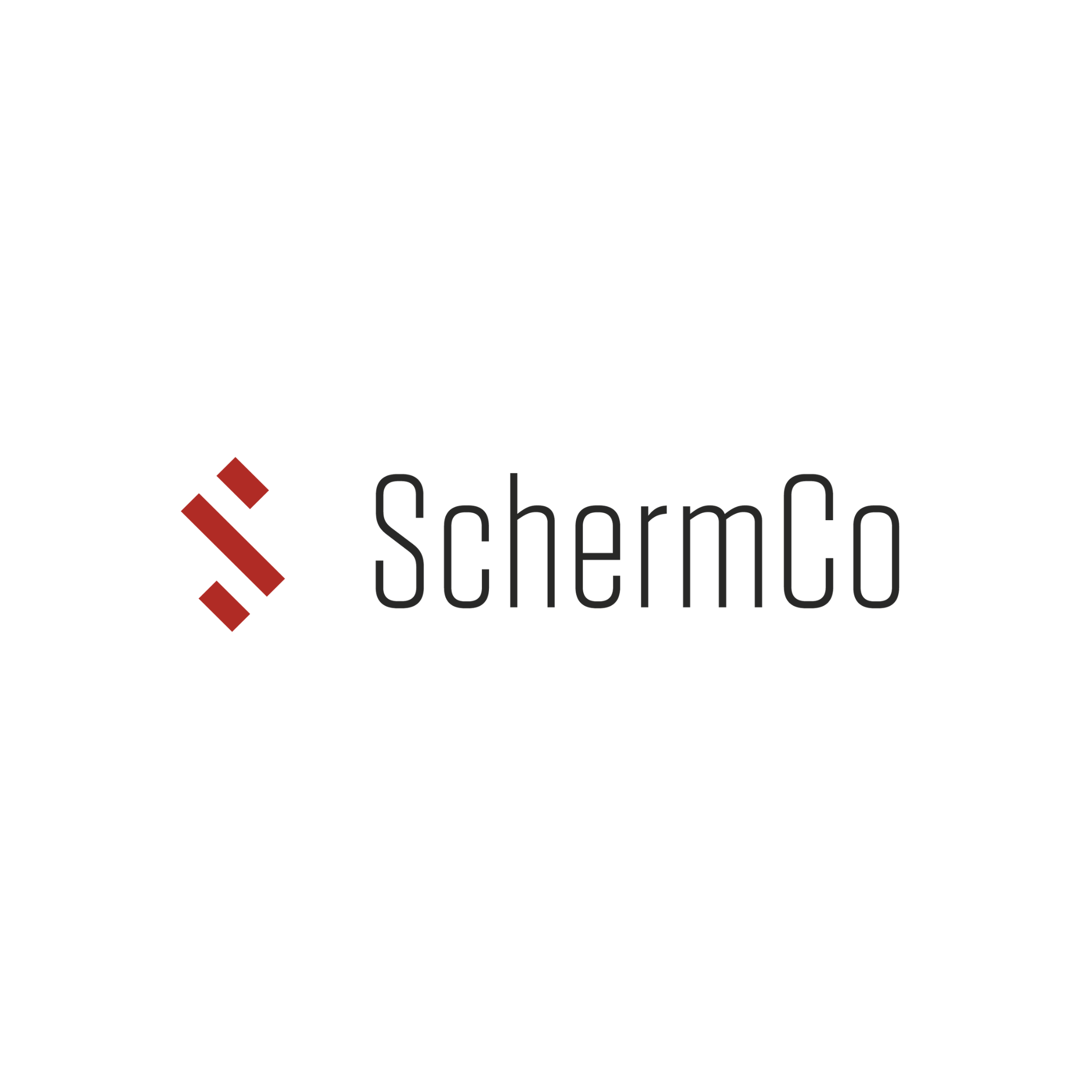SchermCo logo featuring a maroon geometric icon and black text on a white background.