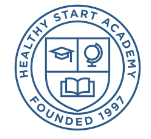 Logo of Healthy Start Academy, founded in 1997, featuring a shield with a graduation cap, a magnifying glass, and an open book.