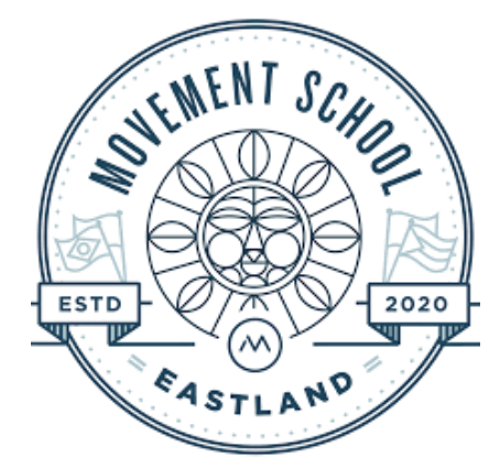 Logo for Movement School Eastland with the year 2020, featuring a circular design, a stylized sun or face with geometric patterns, and two small flags, one with a book symbol and the other with a flag symbol.