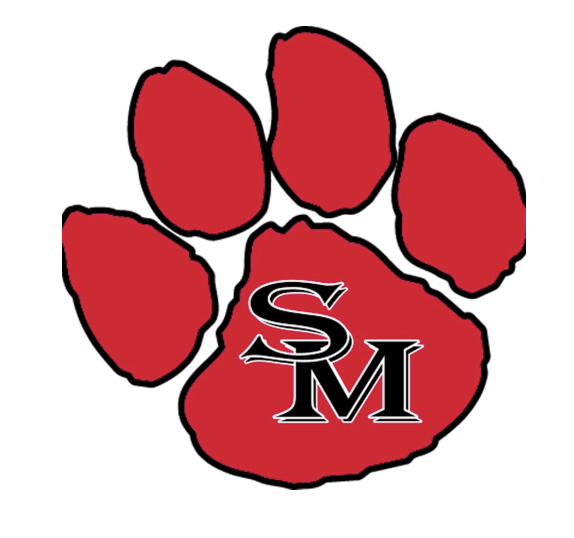 Red paw print with black outline and the letters S and M inside the largest pad.