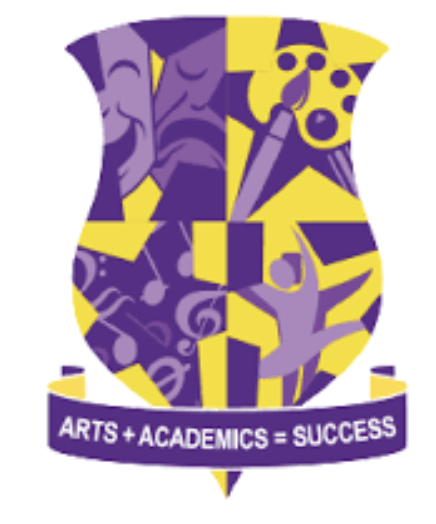 A colorful shield-shaped emblem divided into sections with illustrations of artistic and academic symbols, featuring faces and a dog, with a banner below that reads 'Arts + Academics = Success'.